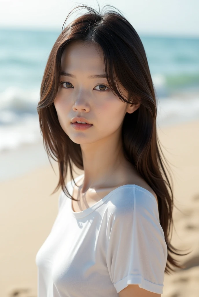 masterpiece, best quality,closed mouth, looking at viewer, full body, alluring, clean, beautiful face, pure face, pale skin, little smile,1girl, white dress, beach, walking,
 <lyco:xooos:1.0>