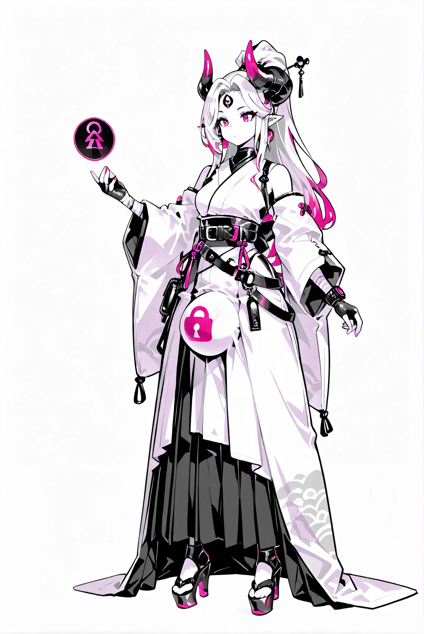 azsd, high ponytail, long hair, curled horns, pointy ears ,( , stands,full body,high heels,front view,Standing picture,white background:1.7),,HoleHeels,oval/Circle/Thorn/Horn Heels,,Limited Color Palette,Colorful, bright colors ,Flashing Silhouette,neon,Black Light ,watch, , azsd, high ponytail, long hair, curled horns, hairpin, forehead ornament, pointy ears, earrings, white kimono, detached sleeves, wide sleeves, bandaged arm, glove, fingerless glove, multiple belts, layered hakama, long skirt, or, sandals ,masterpiece, very beautiful ,round bulge,null bulge,Lock Bulge