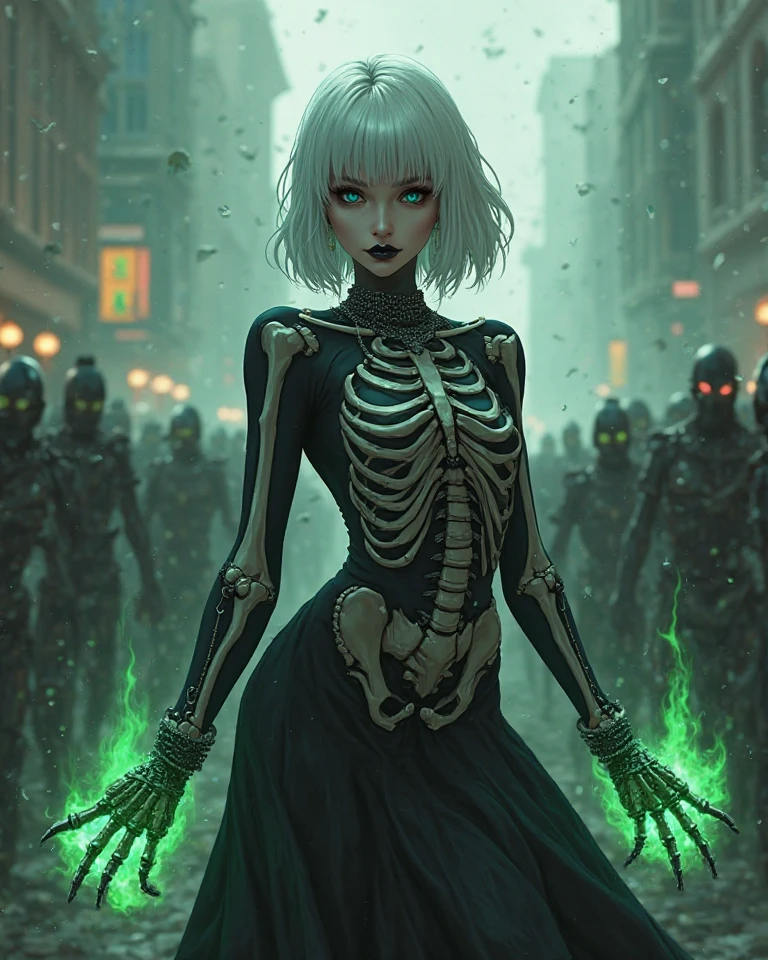 A supervillainess who controls an army of zombies. White shoulder length hair and black glossy lips. She wears a skeleton styled dress showing off her legs. Her army of the dead is attacking a town.