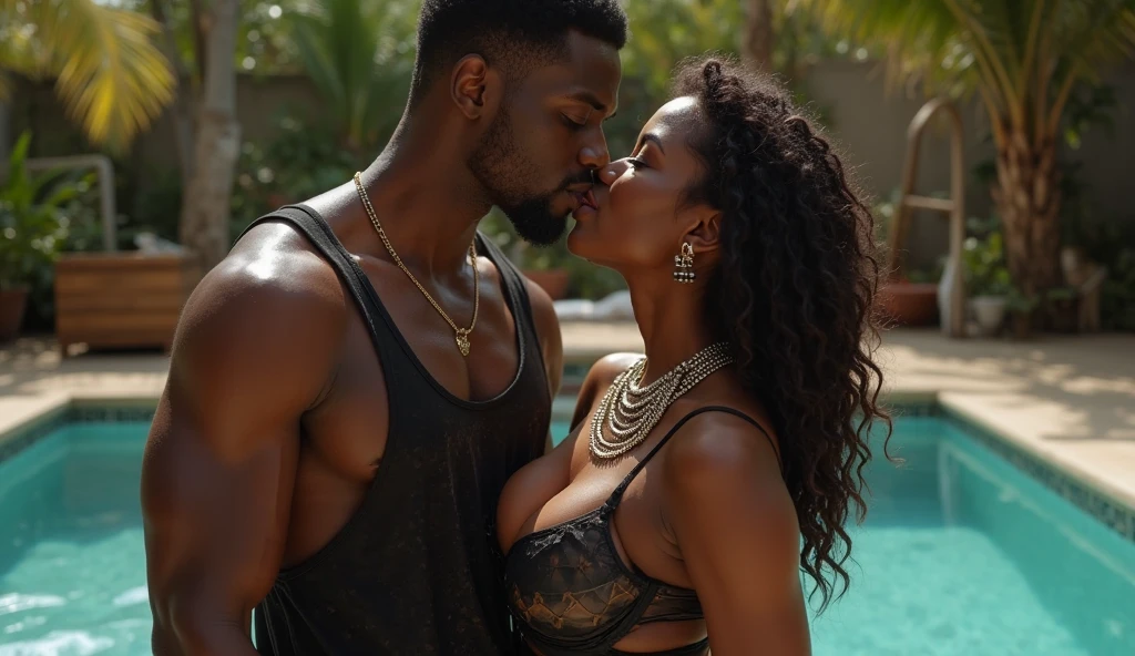 Photograph of a 23 year old full-figured dark-skinned african-american woman and a 25 year old very dark-skinned african-american man having an intimate picnic on a cliff while watching the sunset over the ocean. She is wearing a red sundress with white trim and red high heels. Birds flying in the background., perspective, cinematic lighting, depth of field, reflection light, backlighting, UHD, masterpiece, anatomically correct, textured skin, super detail, 8k