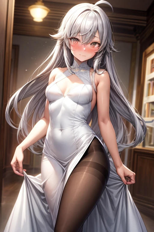 masterpiece, (highres:1.2), (ultra-detailed:1.3), (oil painting:0.8), (extremely detailed CG unity 8k wallpaper:1.1),
full body, solo, 1girl, looking at viewer, legs open, light particles,
solo,
blue archive, highres, hina (blue archive),  long hair,  looking at viewer, multiple horns, purple eyes,
smile, extra large breasts, very long hair, legs, dress long gloves, thigh stocking, bare shoulders,thigh stocking, 
blouse, halo,  indoors, shirt, sleeveless, sleeveless shirt, thighs, white hair, white shirt