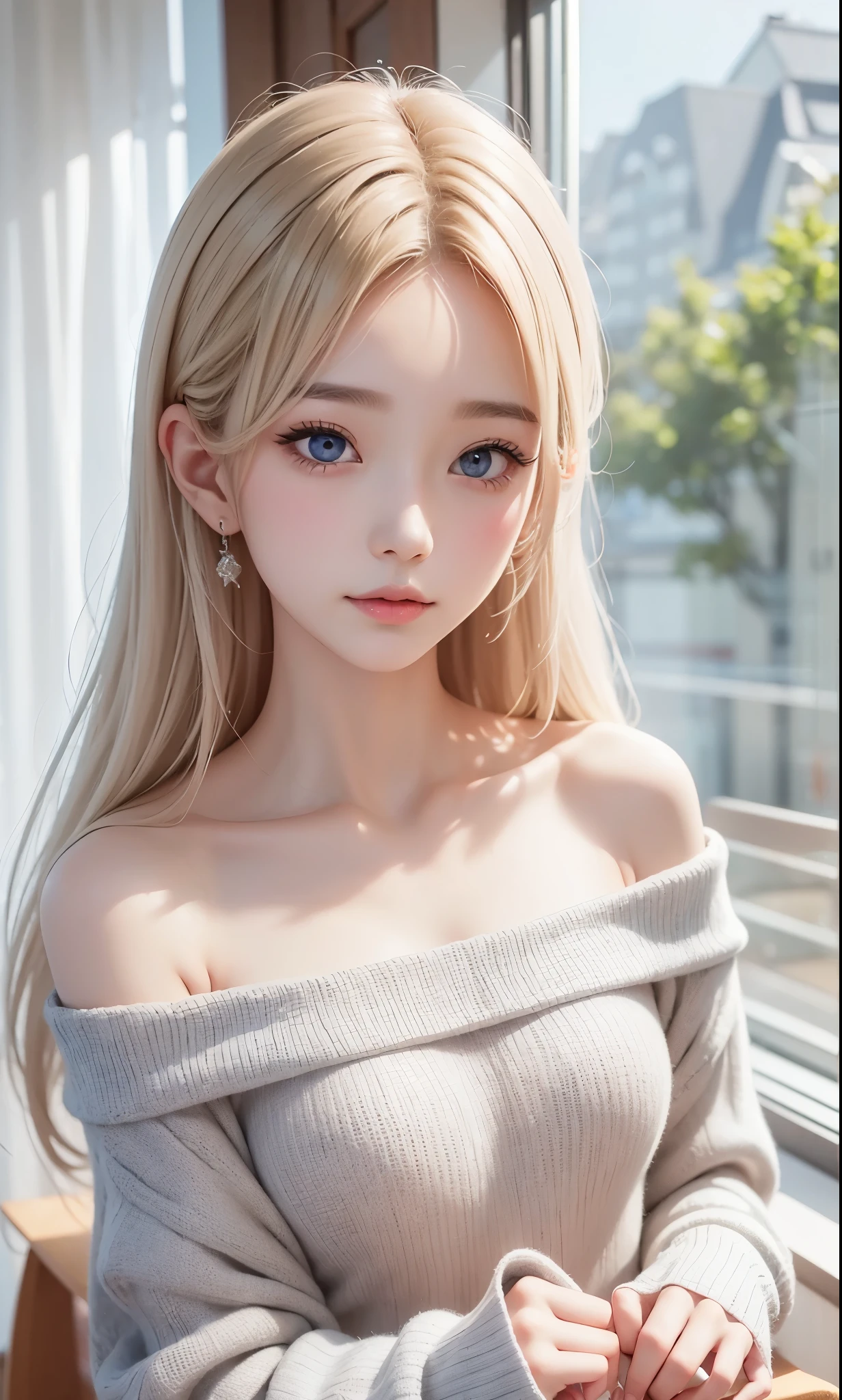 There is a woman in a white dress, artwork in the style of Gwaiz, Gwaiz on pixiv artstation, Gwaiz on artstation pixiv, Gwaiz, Fantasy art style, Gwaiz masterpiece, Beautiful and elegant queen, Beautiful character drawings, Detailed digital anime art, Blonde Princess, Gray Hair, Sky blue eyes, Pink Lips, off shoulder sweater, reika