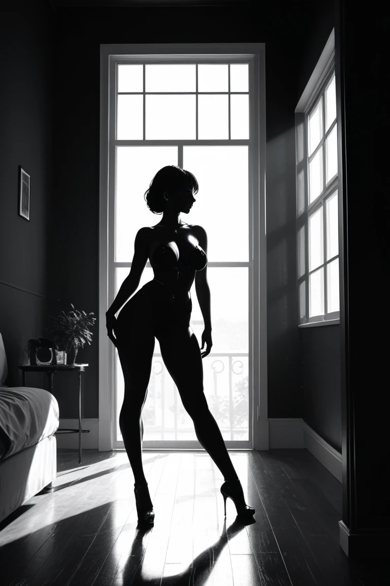 Silhouette of an Easter bunny, side view, female silhouette with short hair, sensuality, full body dancing, chimera half rabbit and half woman, bunny ears, giant bunny feet, bunny tail, reddish light in the black background, hyper-realistic, perfect hands, fantasy, Christian and capitalist mythology