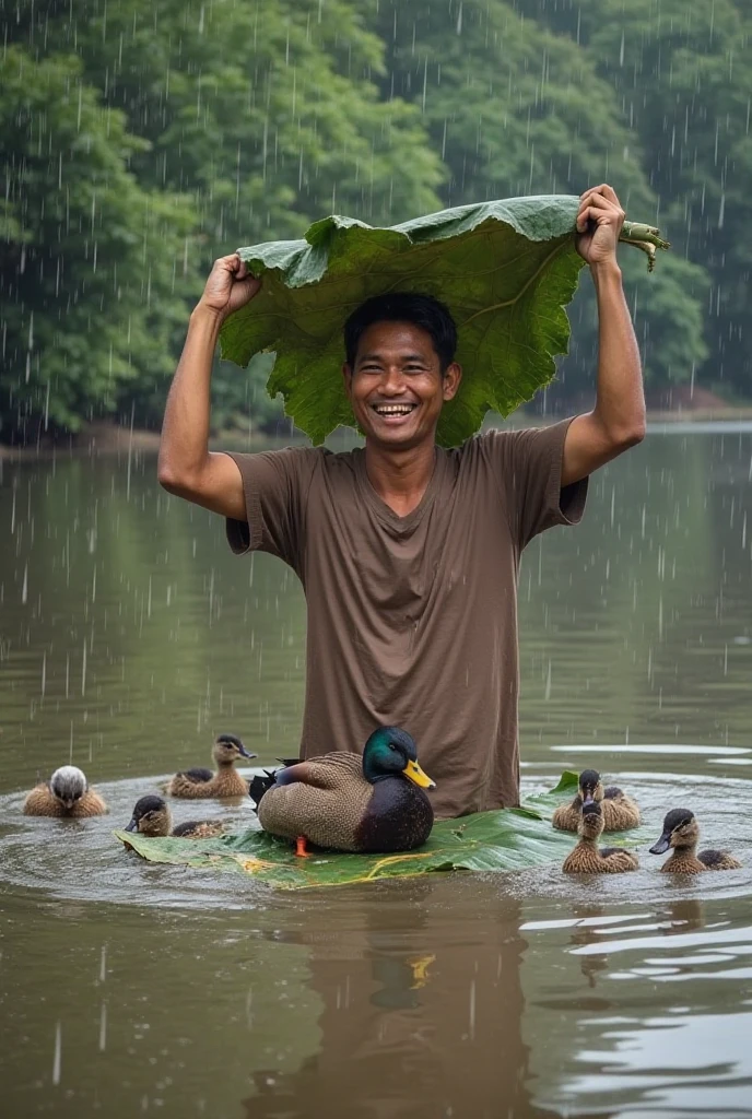 realistic photo, shows an indonesian young man, bald head, wearing plaid shirt, was training duckling to swim in the pool. Beside him there was a beautiful girl, wearing a grey tanktop, watching with a cheerful face, smiling happily