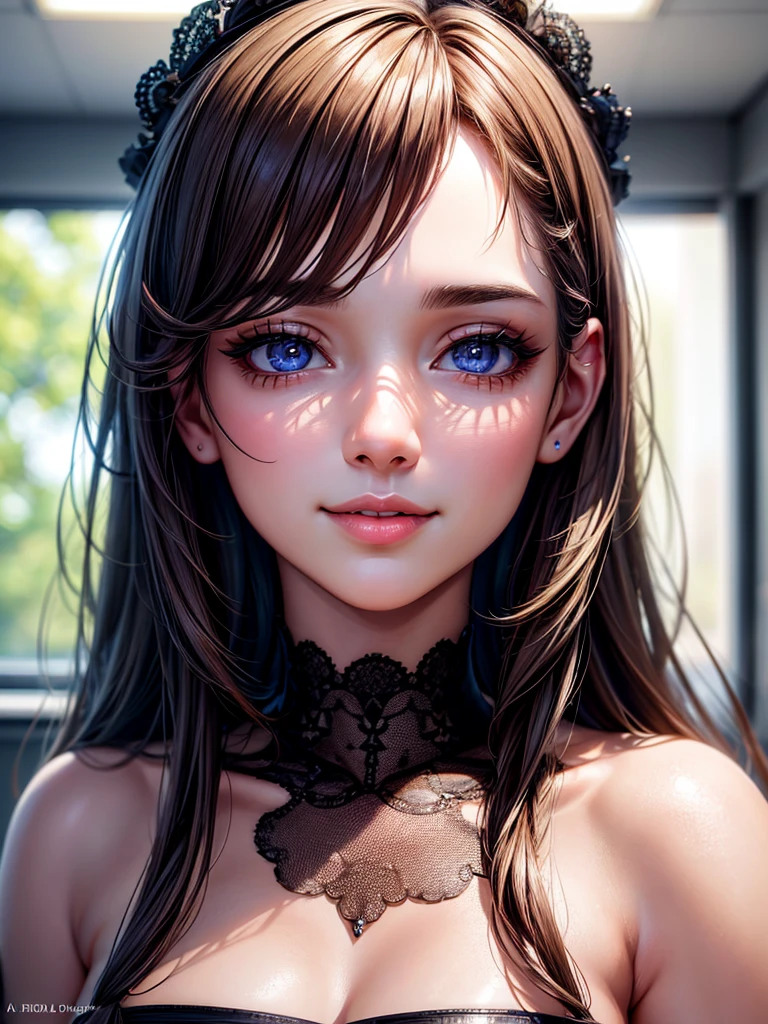 "best quality,fotorrealista:1.37,close-up de um lindo rosto feminino, goth outfit,olhos escuros encantadores,olhar penetrante,intrincado,delicate lips,sorriso sedutor,frisky,olhar sedutor,Sardas,clivagem lateral,Peito Inferior", night vision, 8k, Cinematic light, (sobrancelha sim)