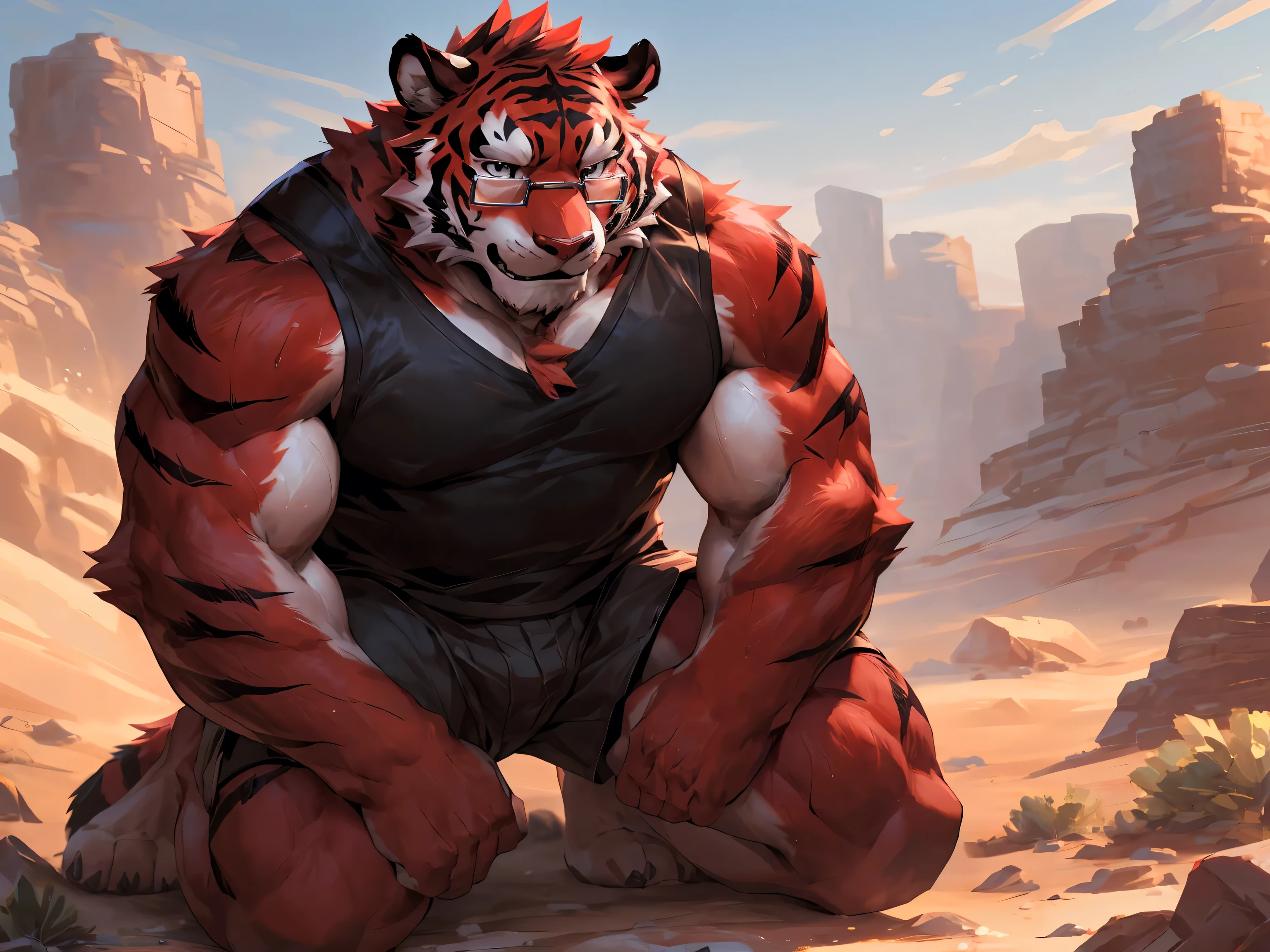 masterpiece, best quality, 8k resolution, Very detailed, hairy,tiger,((red hair)),muscle,Strong,超大muscle,((Sweating)),(((Purple pupils))),For the audience,(((Ancient times))),portrait,(((Shirtless))),(Highest quality scene),(((crotch cloth))),(((grassland))),(((Blushing))),(((Hip bulge))),(((Ultra clear eyes)),(((erectile))),((Solitary)),((whole body)),(((Sunlight))),(((sitting))),((Mature)),(((Uncle))),(((Orange fur))),((Shame)),((Spread your legs))