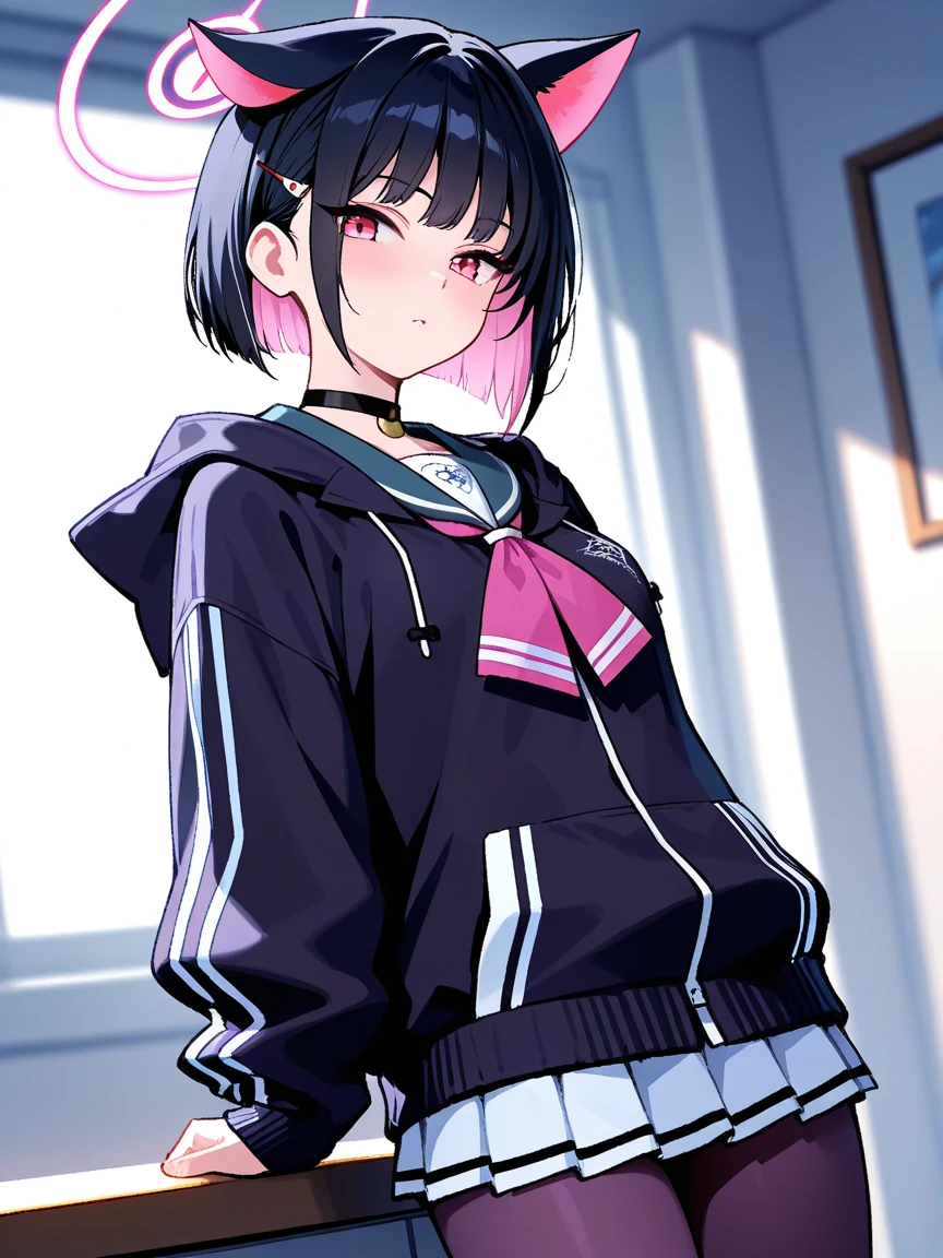 masterpiece,anime style,chibi,sexy girl,black hair,shoulder length hair with two pigtails,black jacket,with headphones,lo fi background,smiling,big breasts,listening to music,waiting on the right side of the image,
