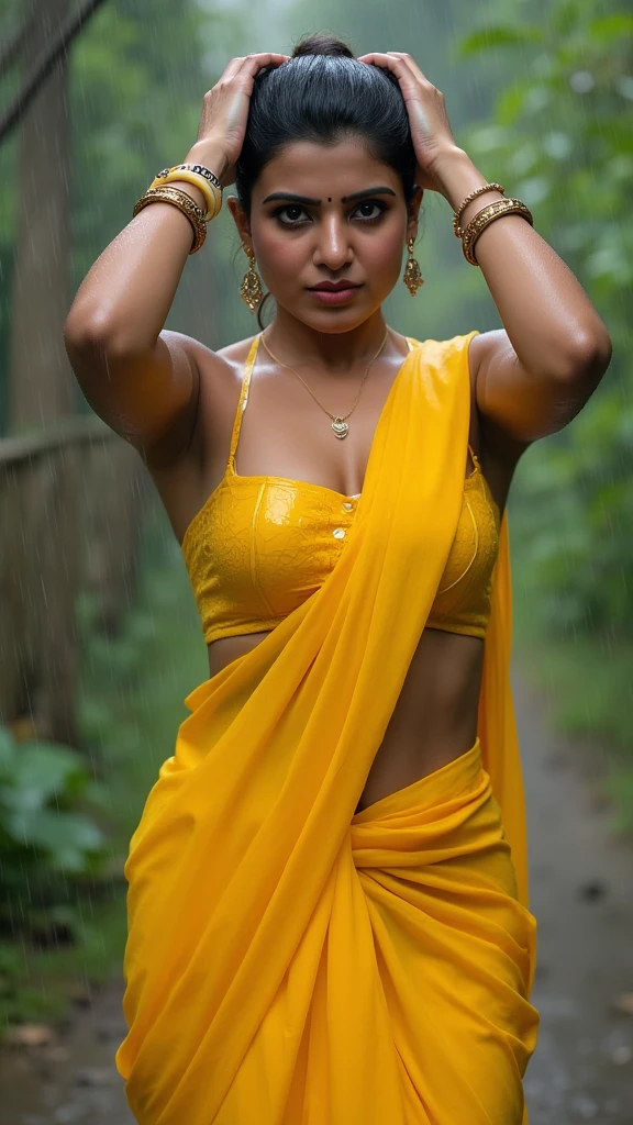 Latika, Indian woman, wearing indian sari, yellow sari, tight clothes, expressive eyes, close on eyes, neckline, looking to the viewer, smirk smile, above view, above view, close view, neckline, in Ganges River, sunny day