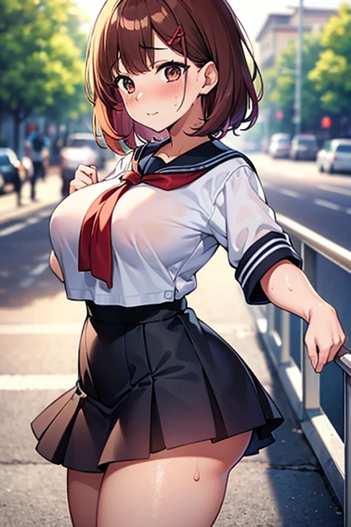 (NSFW:1.5), ultra detailed game CG, (High resolution:1.1),(absurderes:1.1), Best Quality, Ultra high definition, The highest resolution, Very detailed, Anime, 1girl in,  Girl, iroha, Brown hair, Short hair, Yellow eyes, sobu highschool uniform, Black Blazer, PINK SHIRT, Red Ribbon, plaid skirts, , (Sex with multiple men:1.3), Spread legs, Lying down, (Breasts out:1.1) , Cute face, Looking at Viewer, Outdoors, Crowd of boys, Boy filming with camera, Anime style, wakame, medium breasts, From below, red lines under eyes, girl peace pose, girl peace sign, Spread