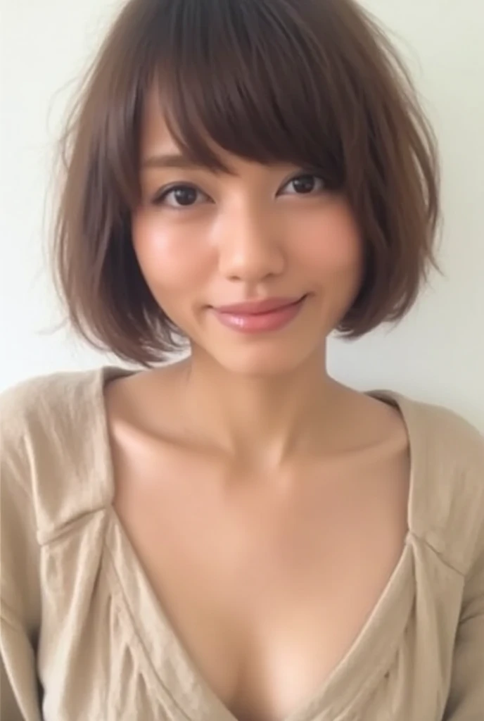 White wall、Brown T-shirt、 1 female、Medium Short Hair、No makeup、Round face、Big Breasts