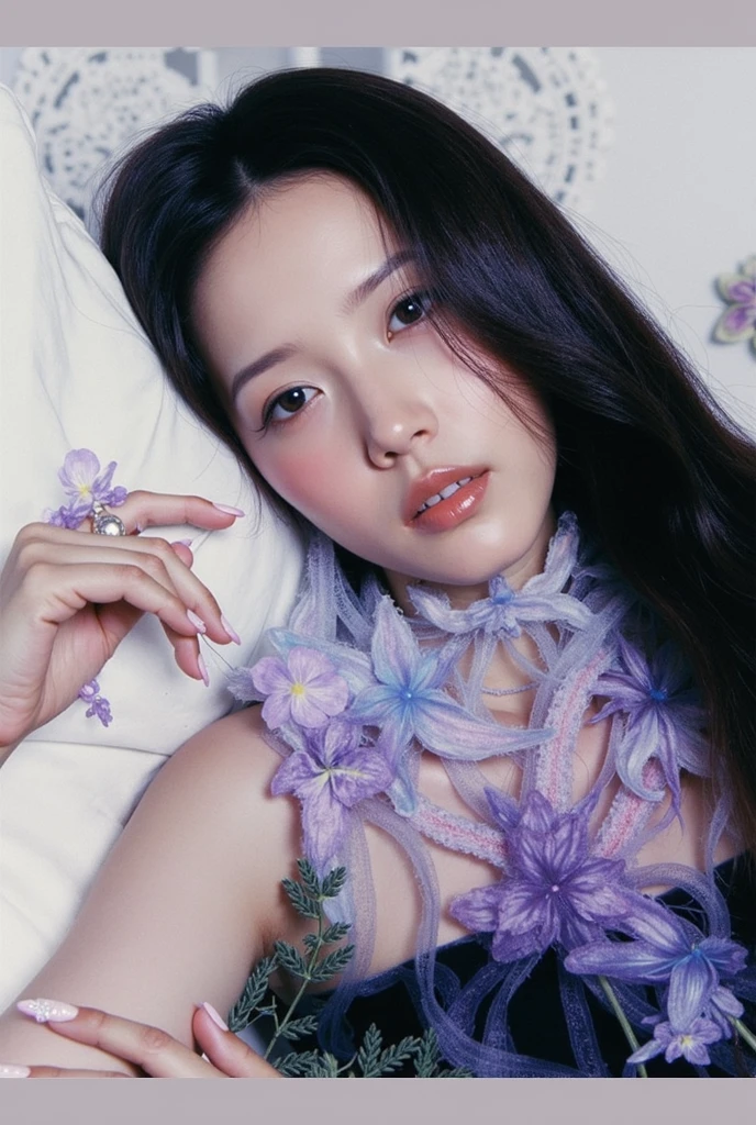 a beautiful princess in a lush garden, vibrant blue sky, detailed face and eyes, volumetric lighting, intricate details, photorealistic, high class fashion, masterpiece, professional digital art, cinematic color palette, using a palette of light pink, muted blue, dark grayish blue, bright blue, very dark gray, and light grayish blue
