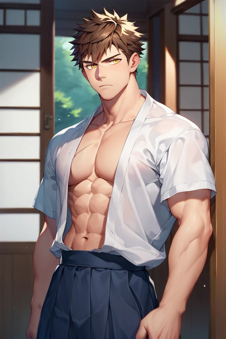 A slim, macho, and handsome Japanese officer.  tying his hair back