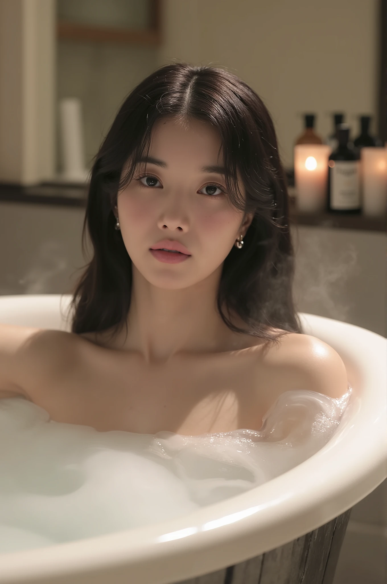 A sexy Korean beauty soaks in the bathtub