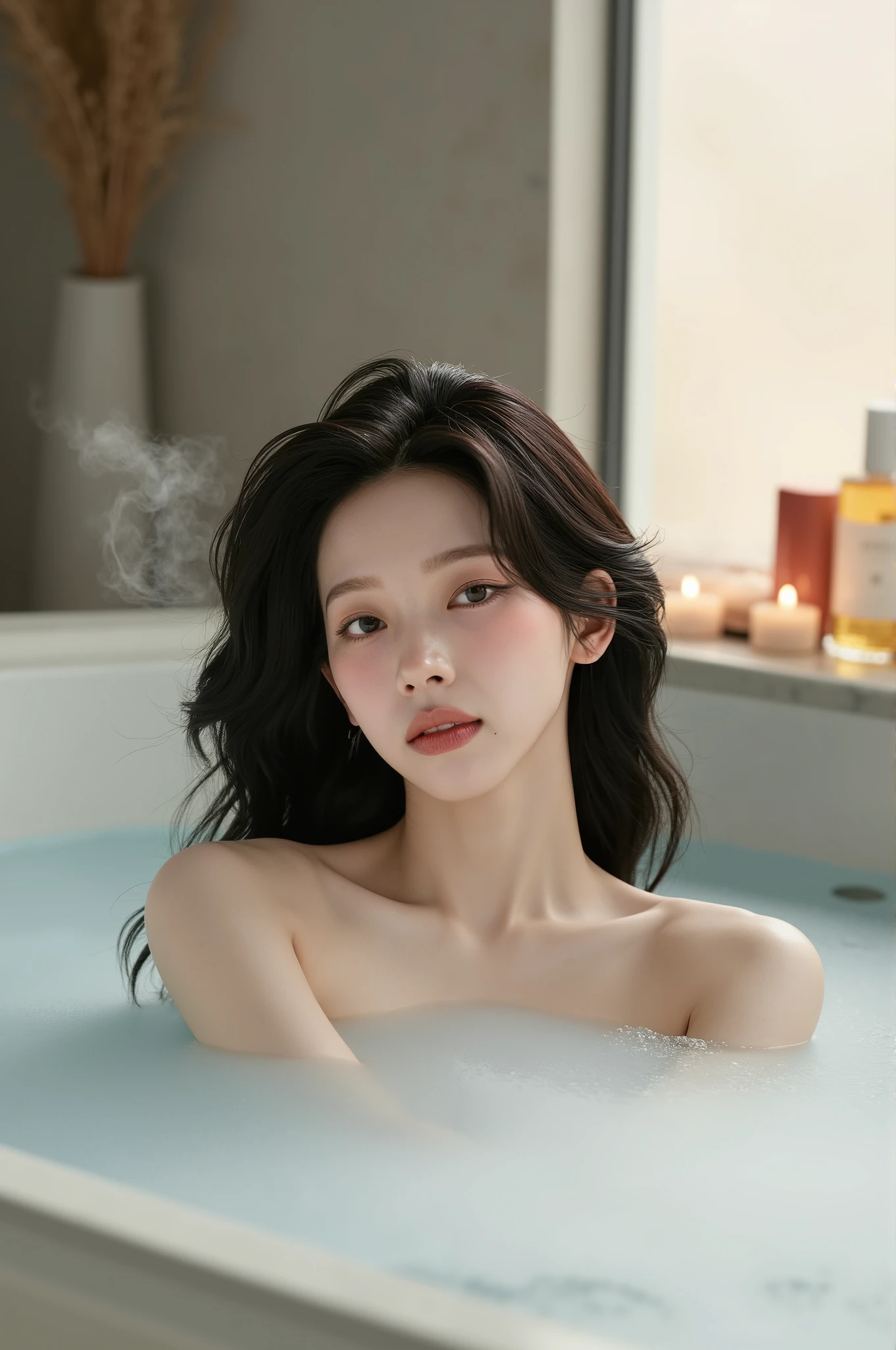 A sexy Korean beauty soaks in the bathtub