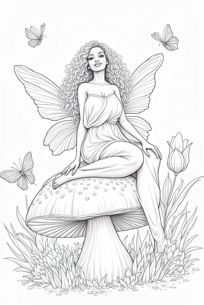 line drawing of a fairy, entyre body, On white background, monochrome, black andwhite, no shadows, white background