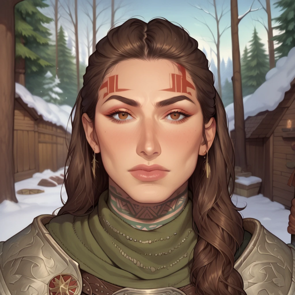 (((beautiful, high quality, comics style, detailed face))), score_9, score_8_up, score_7_up, masterpiece, best quality, unrealistically high details, extremely high quality, ultra-high detail, good anatomy, rating_explicit, perfect anatomy, anatomically correct hands:1.5, Detailed, blurred background, zPDXL3, detailxl, Score_PnyReal BREAK barbarian warrior, muscular build, fierce agressive expression, long wild hair, fur armor, battle-worn skin, intricate tattoos on arms, standing tall, rugged, intense gaze, tribal war paint on face. (expressive face, expressive body, expressive emotions, dynamic pose, intense gaze, lively eyes, detailed facial expression, engaging presence:0.5). looking at you. ((outside, snow:0.1, snow forest background, fantasy)).