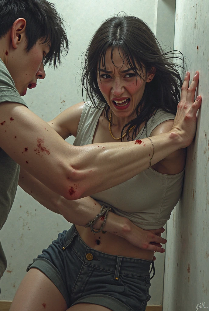 (masterpiece, best quality), 8k, portrait of secretary Sophie Marceau, classy dark blue shirt top, medium saggy breasts, long hair, ((naked pussy)), (((lace))) (((assaulted by men:1.2))), ((lifted top)), ((she is beaten:1.2)), ((hit action movement effect)), (((aggressive men))), (((surrounded))), (((head knocked))), ((hair pulled)), ((pussy view)), (((large hips))), (((brutal))), ((in subway)), ((forced to bend forward)), (((face jabs))), (((knocked cheek))), (((perfectly drawn hands:1.2)))
