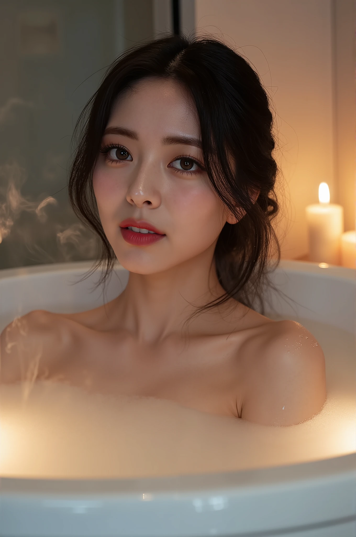 A sexy Korean beauty soaks in the bathtub