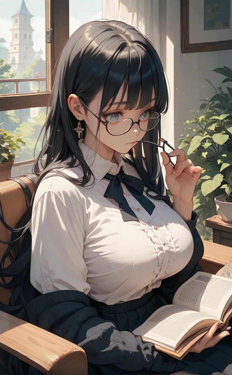 ((((School、During class、classroom)))、、middle School girls、((((((I am sitting on a chair and taking a class.、I have a pen、Notebooks and textbooks、)))))(((Serious face、Future outlook、Slender body)))、、Low length、((((((Eyes hidden by long bangs:1.2))))))、(((Long black hair))))(((( Black-rimmed glasses:1.2　black eye)))、Side view、,Official Art、High resolution、Hyper Detail、[Angle from below:0.7]Upper Body、Shirt lift、Showing off your bra、