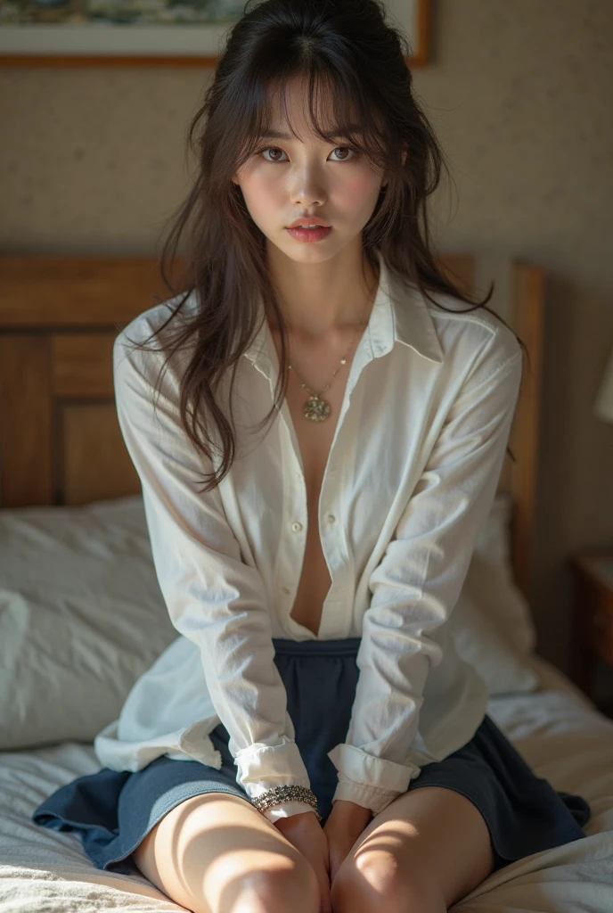 master piece , best quality , detailed , blouse , skirt , sitting , (from front) , bed room , indoor