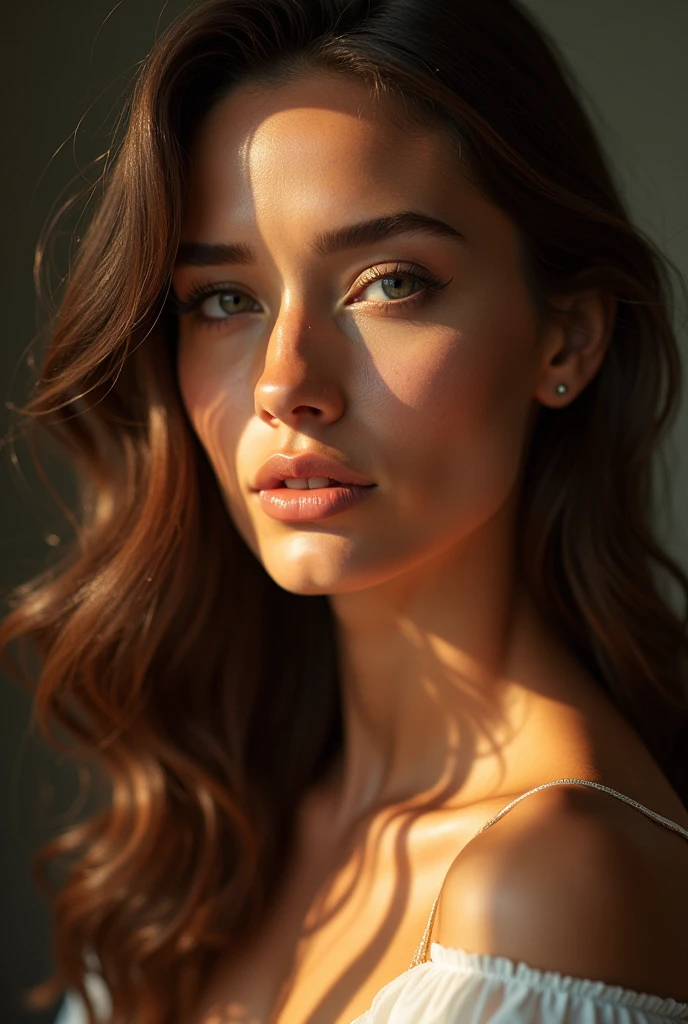 Beautiful girl, brown - haired, front facing, telling positive and motivational quotes, middle aged, model, ruddy skin, beautiful, full lips, a minuscule amount of clothing, smiling, feeling of lightness and joy, hyperrealism, skin very elaborated, direct gaze