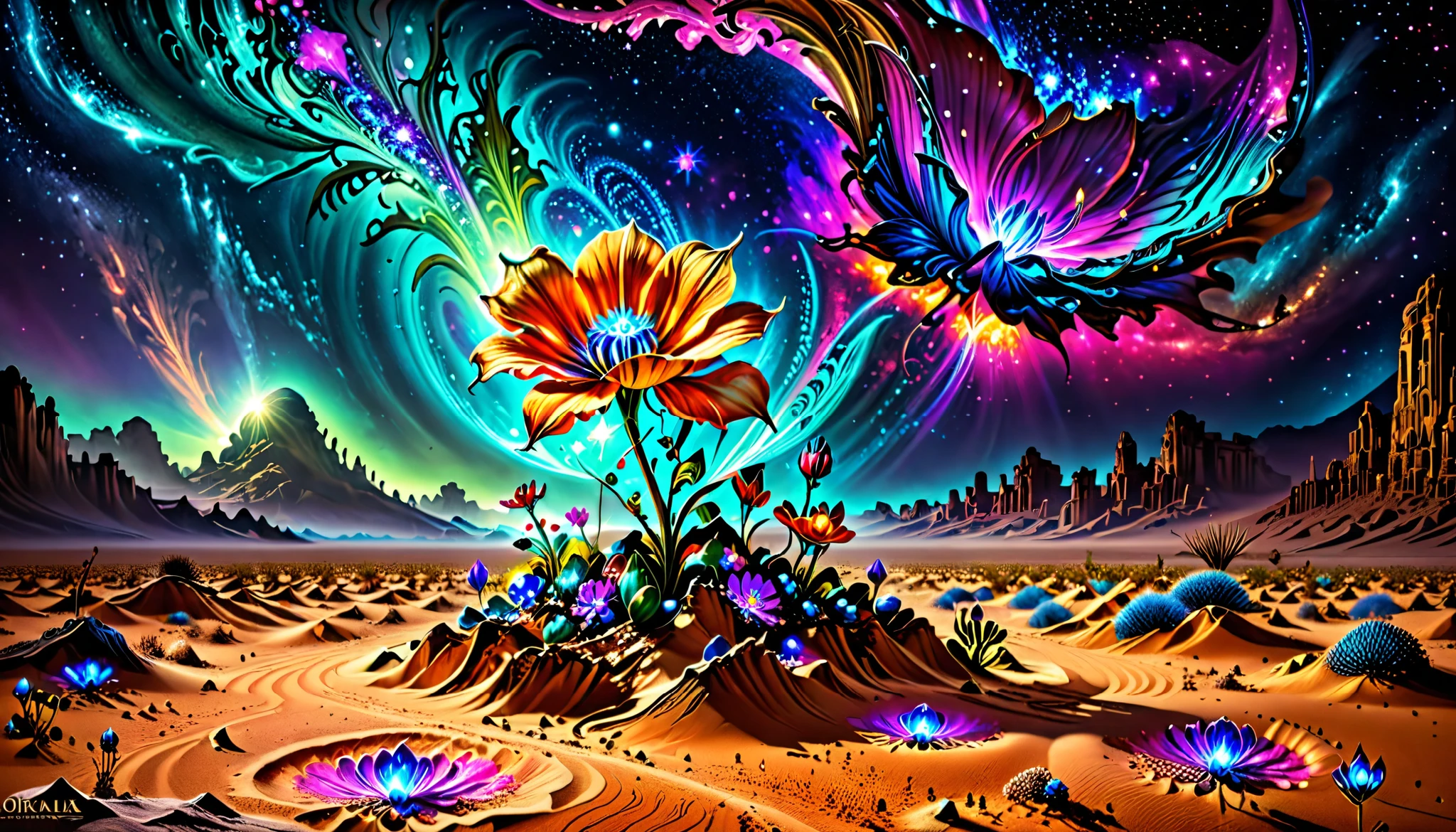Horror-themed ethereal fantasy conceptual art,A delicate flower grows in a breathtaking desert ColorArt, Colorful Alien DonmaskTexXL , masterpiece, award-winning , Professional, highly detailed, magnificent, Celestial Bodies, ethereal, pictorial, epic, majestic, magic, fantastic art , Cover Art, dream, weird, Disturbing, Dark , spooky, Full of suspense, severe, highly detailed