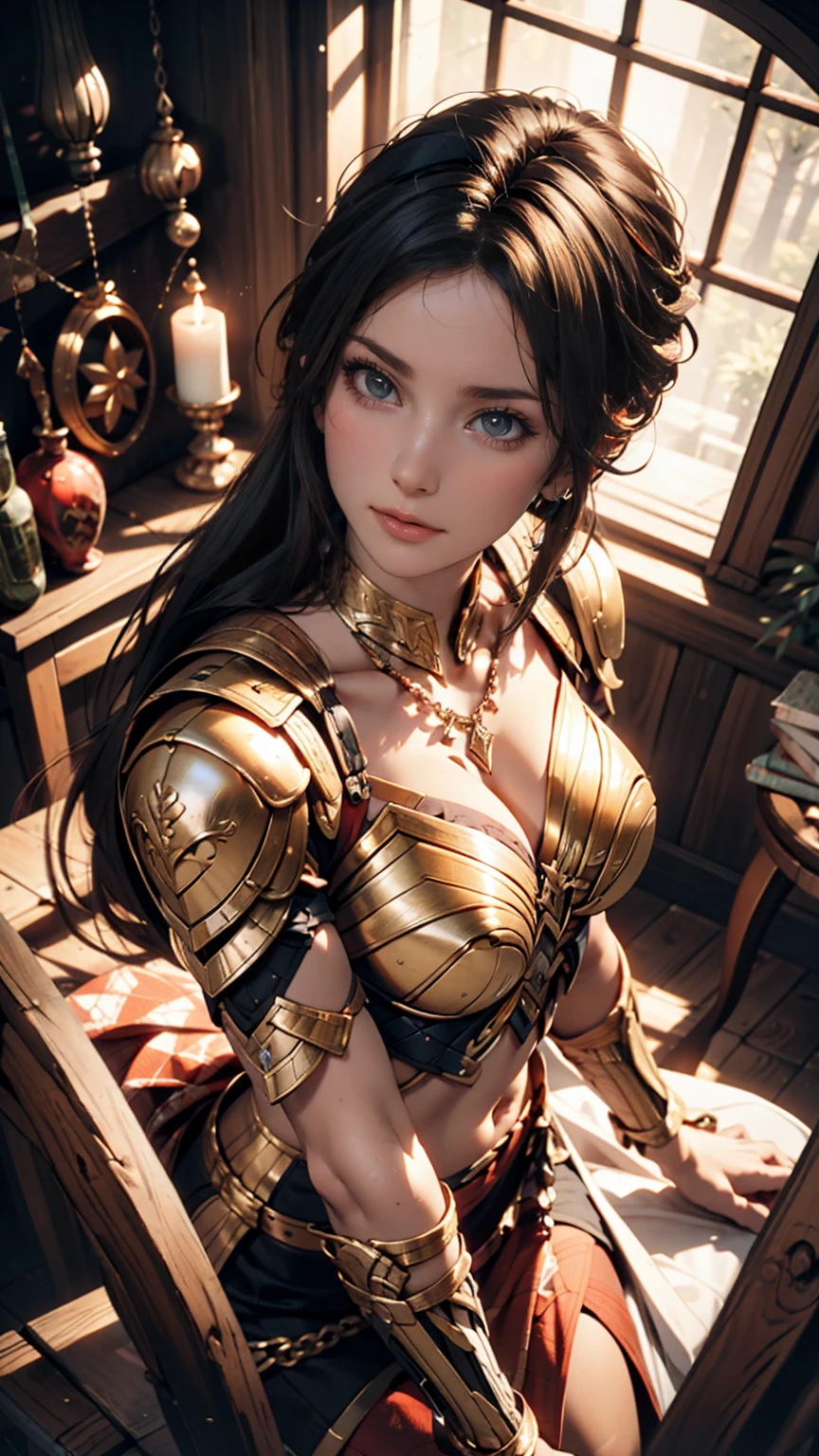 Photo style,Ultra-clear,A young girl sits at a piano,The face is super clear,Hair flowing,Valkyrie style armor,Semi-cleavage,Covers all kinds of precious jewelry,Look down from above