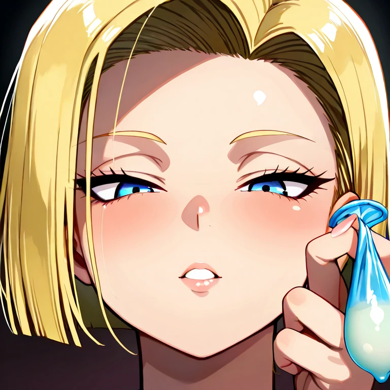 Score_9, Score_8_up, Score_7_up, Score_6_up, Score_5_up, Score_4_up, Source_anime, Tag1, Tag2, Quality_masterpiece, Anatomically correct, Beautiful face, Perfect face, Highly detailed beautiful face and eyes, Attractive face, Detailed face, Delicate facial features, Detailed skin, zzAndroid18, blue eyes, blonde hair, short bob hair, htm , upper body , eye focus , looking at viewer, , low angle, back view, Confused face, fingernails, jitome, hosome, half closed eyes, squinted eyes, narrowed eyes, narrow gaze, blue condom, Holding a used condom,