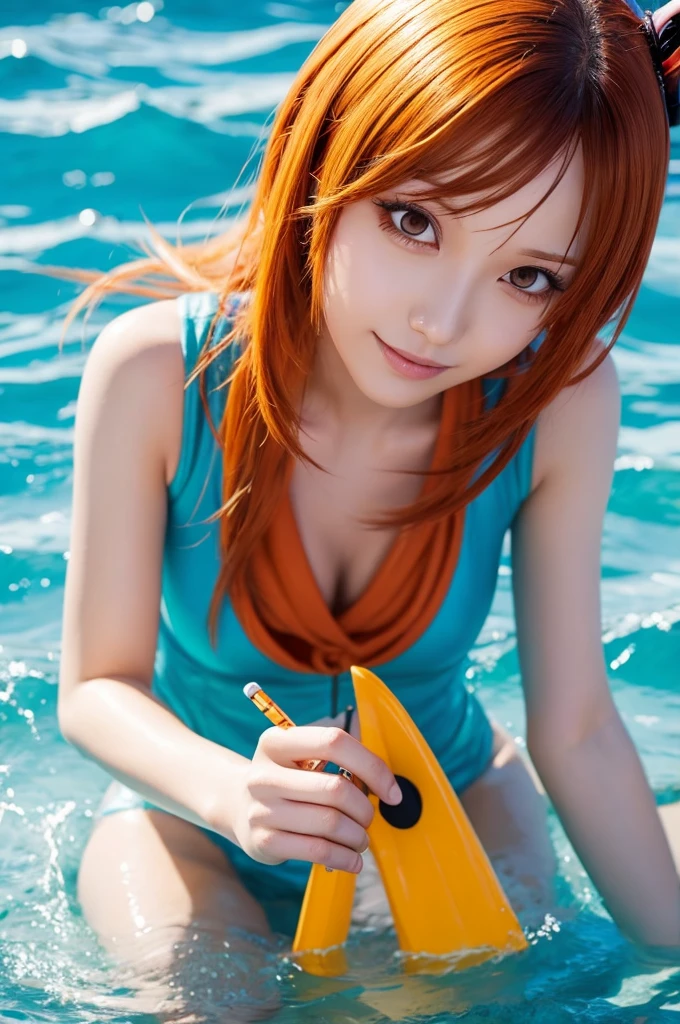 girl, 1 person, bikini, orange hair, brown eye, tattoo in left shoulders