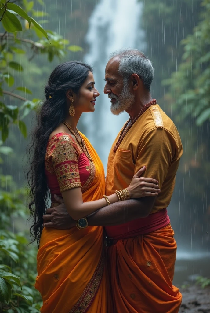 Photo of Hot Indian Middle aged Aunty with Dark skin , Body Wet In Rain, Wearing Tight yellow Kurti and White stole tied around her neck, U Cut Cleavage, Kissing a Old Man.