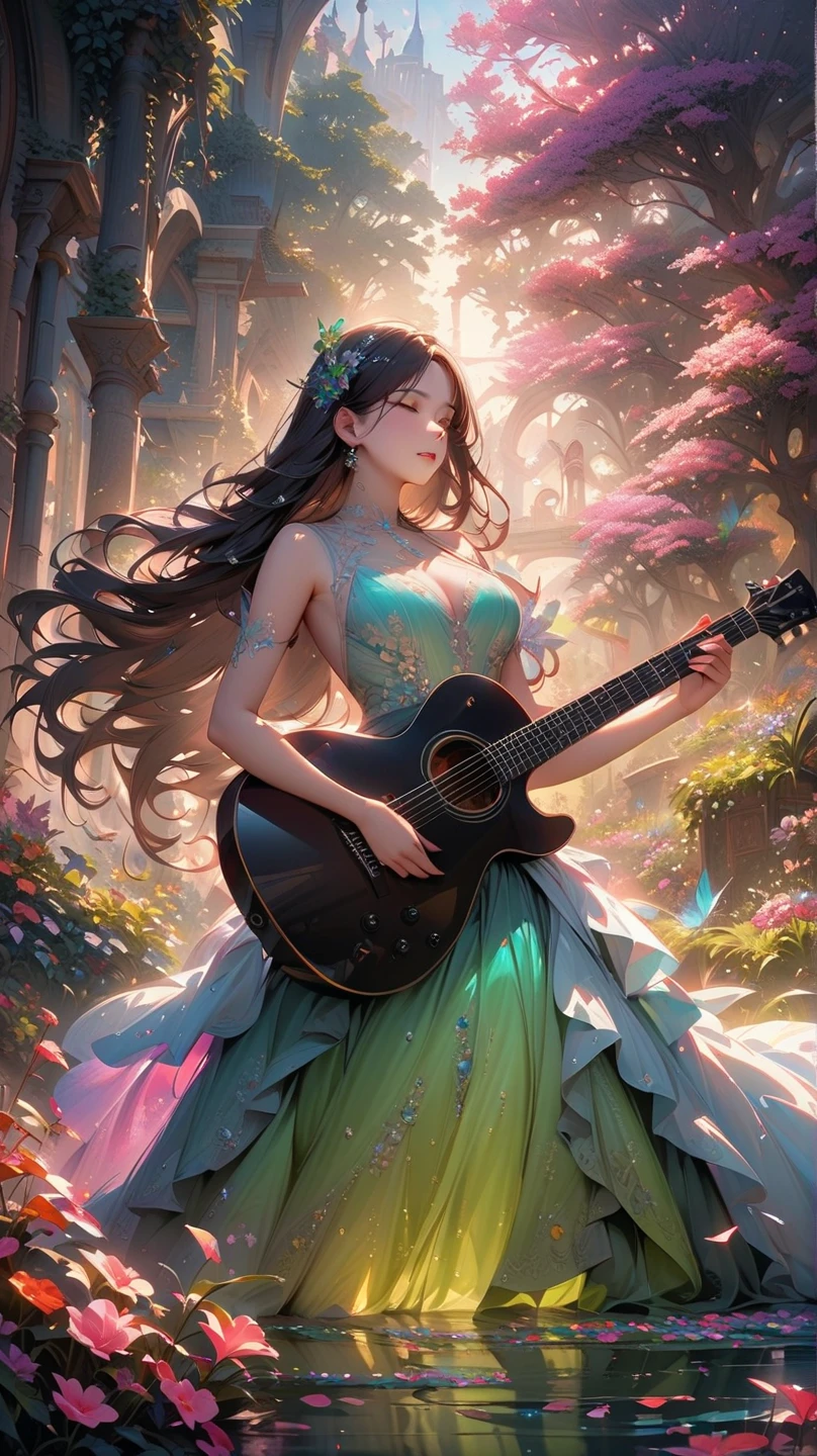 (Highest quality,4K,8k,High resolution,masterpiece:1.2),Very detailed,Realistic,Transparent guitar sculpture,A clear spring morning,Sunlight reflecting off a guitar,Body Details,Delicate strings,Vibrant color palette,Sculpting Tools,Hourglass Shape,Sound hole,Elegant Curves,Polished surface,Delicate carving,Light and shadow effects,Subtle reflection,Sparkling Surface,Shining Jewels,Petals falling,Floral,Emerald accents throughout,Transparent essence of spring,Ethereal atmosphere,Peaceful garden background,Serene atmosphere,Morning Dew,wood々The soft sunlight filtering through,Lush greenery,Brightly colored flowers,Harmony between nature and art,Perfect craftsmanship,Transcendental beauty,Awe-inspiring works of art