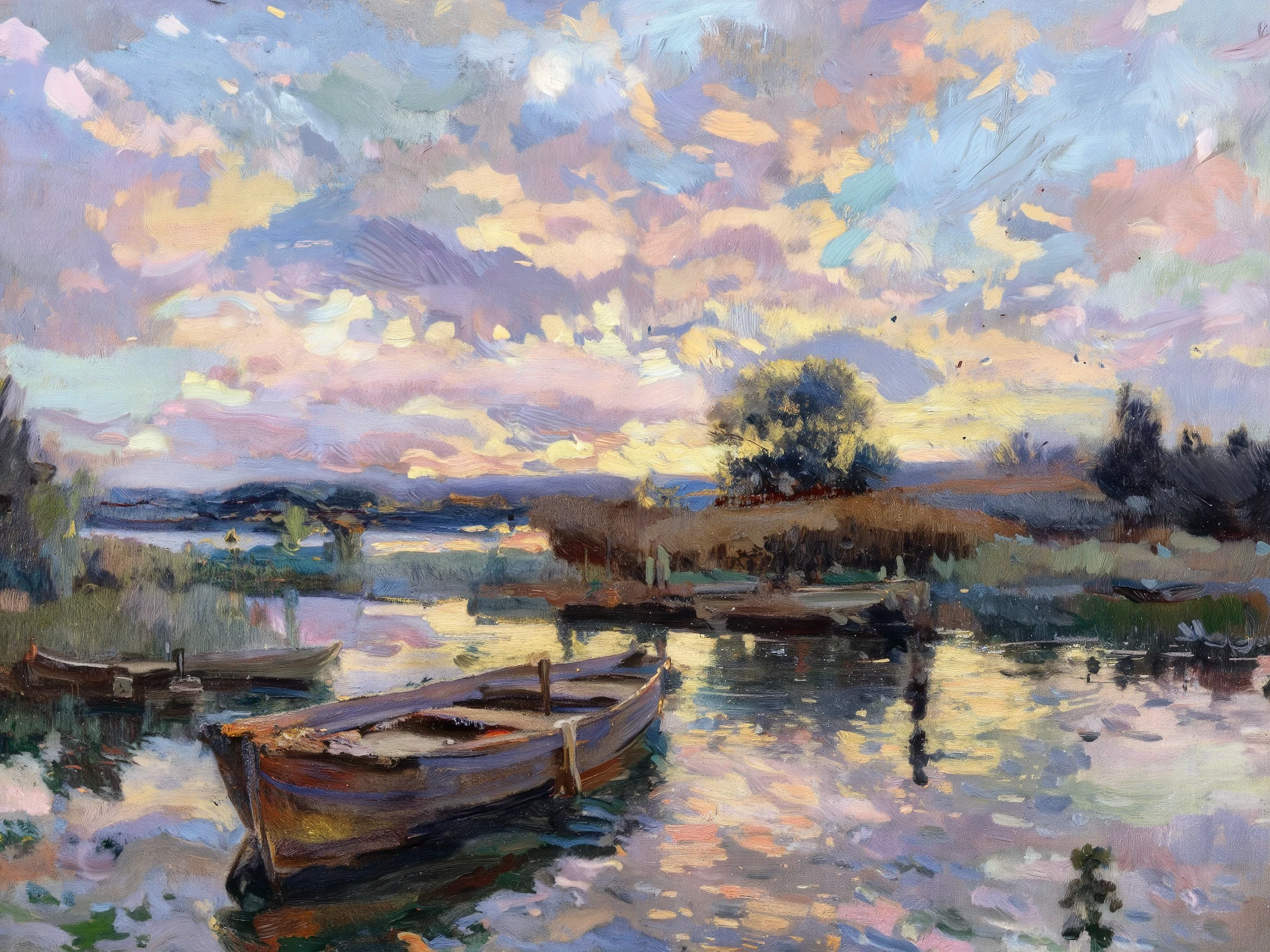 a stunning sunset lake landscape, a wooden fishing boat on a serene lake, dramatic sky with vibrant colors, sunlight reflecting on the water, an incredible award-winning abstract art piece, high quality detailed illustration, inspired by El Lissitzky, bold simple shapes, masterpiece, hyper-detailed, rich colors, dramatic lighting, dynamic composition