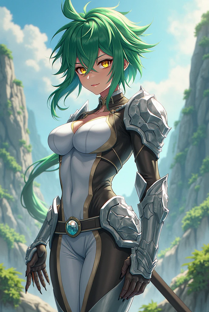 NSFW armor with a greenish-silver glow and gold accents reminiscent of nature, black hair, in gentle waves over your shoulders. Your carved face, with delicate features and a defined jawline and expressive green eyes, smiling and happy