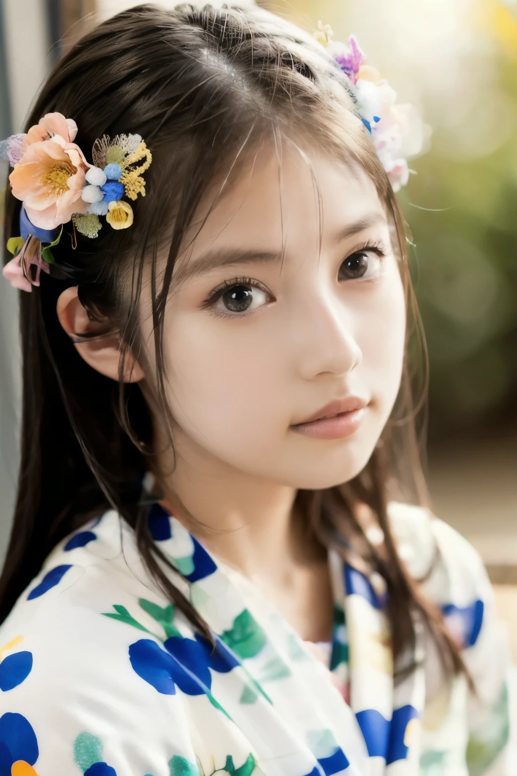 cute expression,18age,A sense of innocence remains,Yukata, hot spring town,Hi-Res, masterpiece, anatomically correct, textured skin, ponytail,