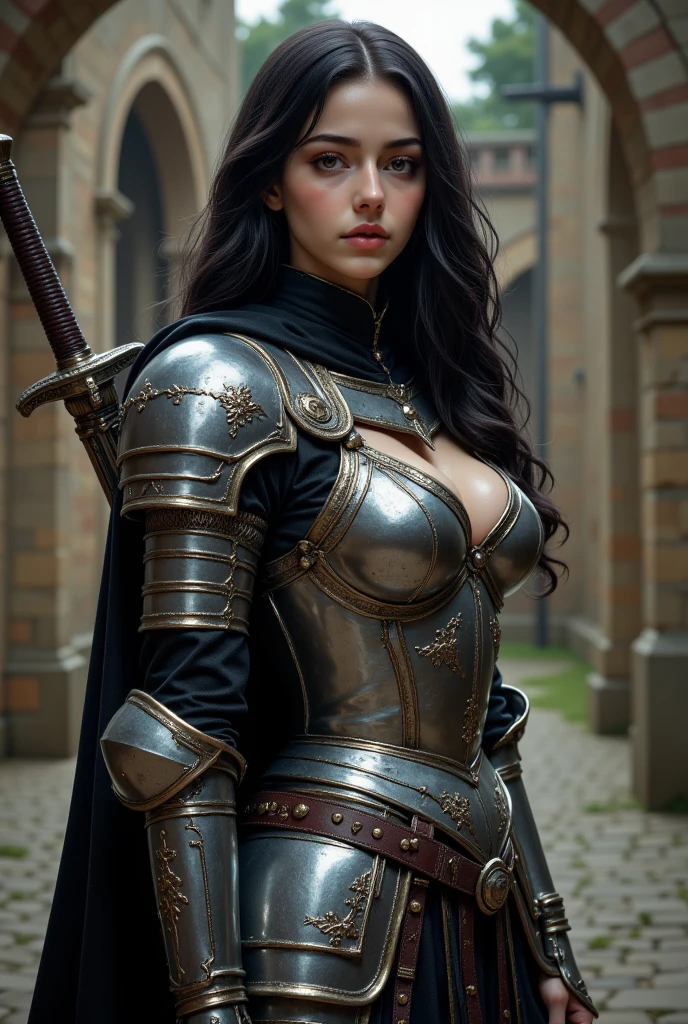a beautiful German woman in a skin outfit posing on a city street, соблазнительное dark fantasy, dark fantasy, in skin armor, dark fantasy evil gorgeous goddess, very beautiful dark fantasy samurai, wear clothes and armor, wearing a full skin outfit, beautiful woman model in dark fantasy style, black skin costume, wearing skin assassin armor, skin, amazing armor, beautiful German woman dark fantasy, weared in skin armor, красивая женщина-убийца Kelly is a beautiful German woman, brunette, in the style of a Heavy Metal magazine cover, sexy bounty hunter, face with high detail, skin with high detail, toned athletic body, Heavy Metal aesthetics, castle background, high quality, masterpiece, realistic photography, intricately detailed, 8k, HDR, shallow depth of field, wide light, high contrast, backlight, light flashes, chromatic aberration, sharp focus, RAW color photography, looking at the camera, erotic pose