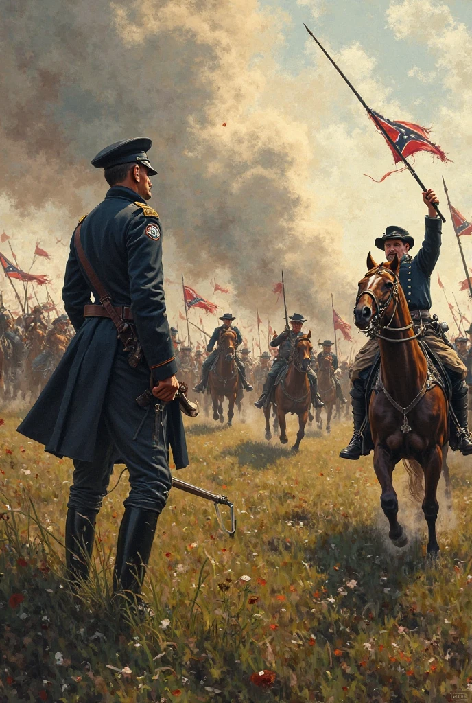 (Teddy Roosevelt)+ charging in a (medieval battle)+, detailed, cinematic lighting, wallpaper, epic composition, cavalry charge, medieval soldiers, banner flags, digital painting
