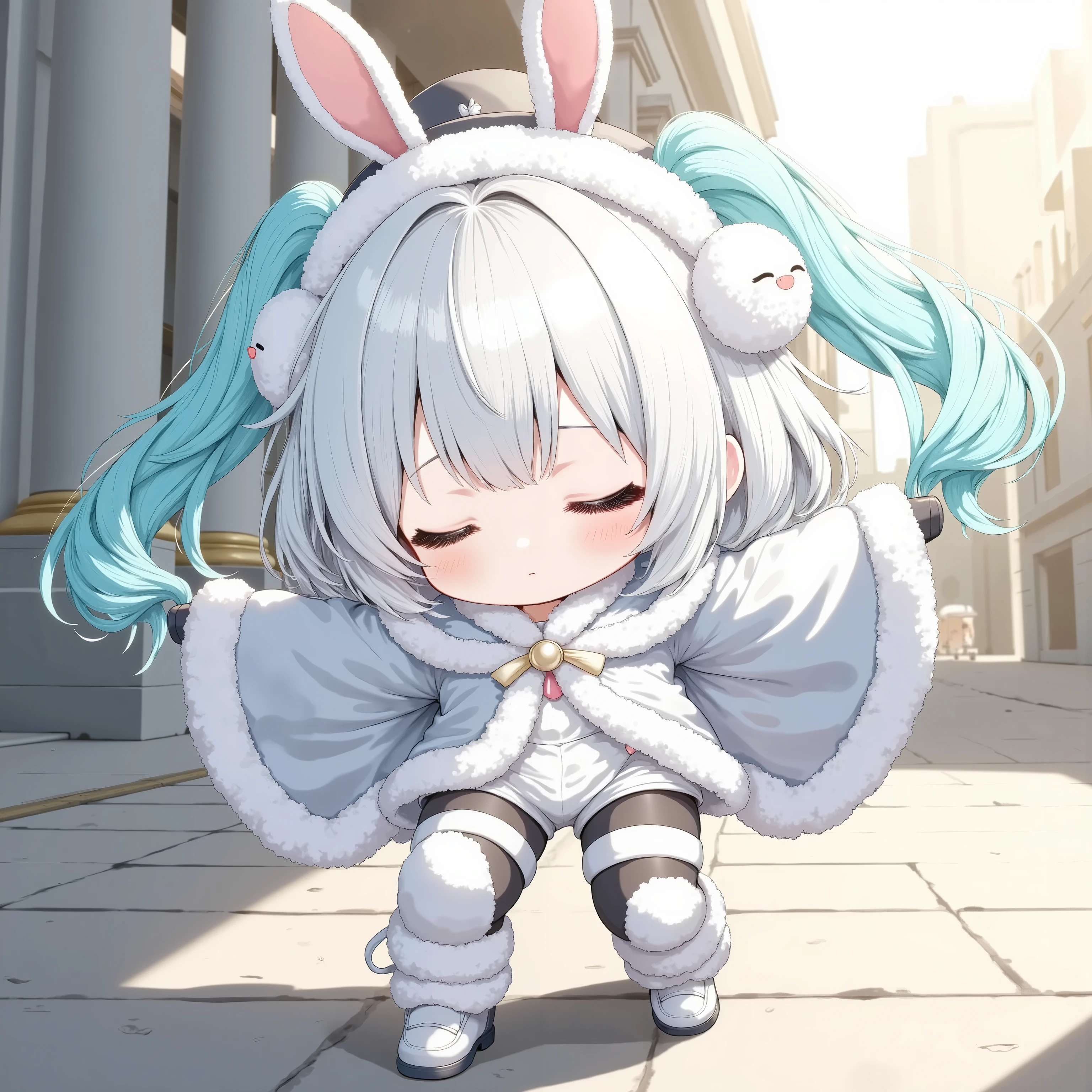 anime illustration,A sleepy chibi character, Her face looks very weak. She is photographed from the front. wearing in christmas-miku cosplay costume. She is wearing white leotard with bow and white fur-trimmed capelet. She is also wearing white elbow gloves with white fur-trimmed wrist cuffs and white pantyhose with white fur-trimmed thigh strap and thigh bow and white high heels with leg warmers. She has long aqua twintails hair with hair bow and earmuffs, dynamically posing with arms spread wide, one foot slightly lifted, dressed in miku-cybdating cosplay costume. She is also wearing black pantyhose and black shoes. She has very long aqua twintails hair with black hat. soft natural lighting, realistic shadows, fabric flowing slightly with movement, subtle wind motion, standing in an outdoor urban setting with classical architecture, soft-focus background, ultra-detailed rendering, 8K resolution.