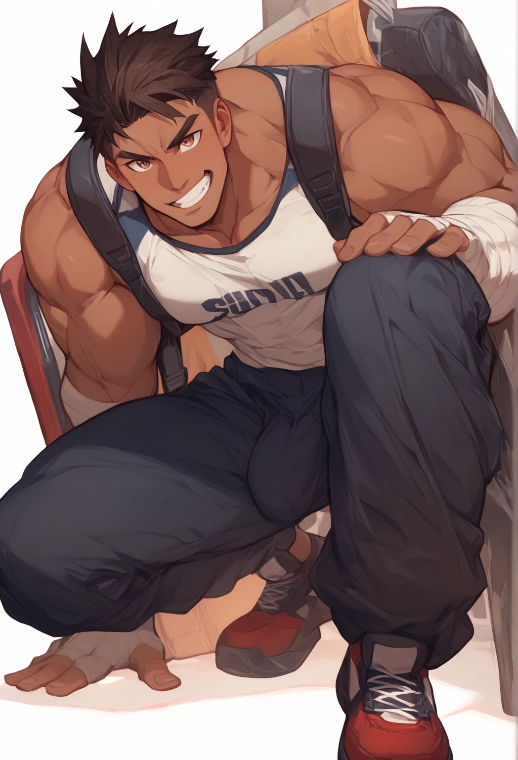 ((Masterpiece), (Best Quality), 1 Boy, ((Masterpiece), (Best Quality), (detailed), (1 Boy), 1 Bodybuilding Boy, 16 years old, Teen, Spiked brown hair, Grey eyes, ((Dark brown skin)), Slim, Handsome, Shirtless, (White Boxer Shorts), Huge Bump, Masculine, Masculine, Headband, Black Fingerless Gloves, In Bedroom, Teen, Young, 16 Years Old, Barefoot, 8k, Detailed, Ultra Detailed, Ridiculous Clothes, Stinky Feet!!, Stinky, Stinky, Sloppy !!, dirty, smelly, dirty panties, dirty feet, riffraff, riffraff, riffraff, riffraff, riffraff, smile, big, erect, leg hair, thick hair, sexy, creative