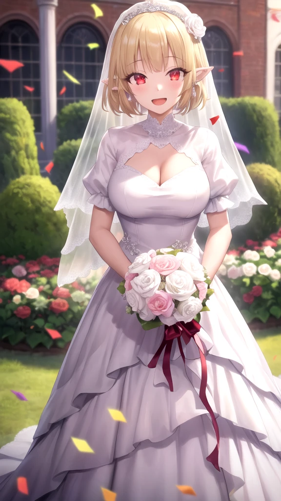 best quality, masterpiece, high resolution, alone, nishikigi_chisato, short_hair, Bangs, blonde_hair, Red_Eye, Close-up of beautiful bride wearing beautiful wedding dress,Gurwitz,(bridal veil:1.5),(Transparent short veil:1.5),Blushing face,Head flower,headgear,(tube top wedding dress:1.5),(Silk dress:1.2),(Strapless wedding dress:1.5),pure white dress,necklace,earrings,(large breasts:1.3),Deep V peach heart collar wedding dress,Bangs,lipstick,(lace gloves:1.3),whole body照,High detail RAW color art,Long white dress,whole body,Place your hands behind your back,