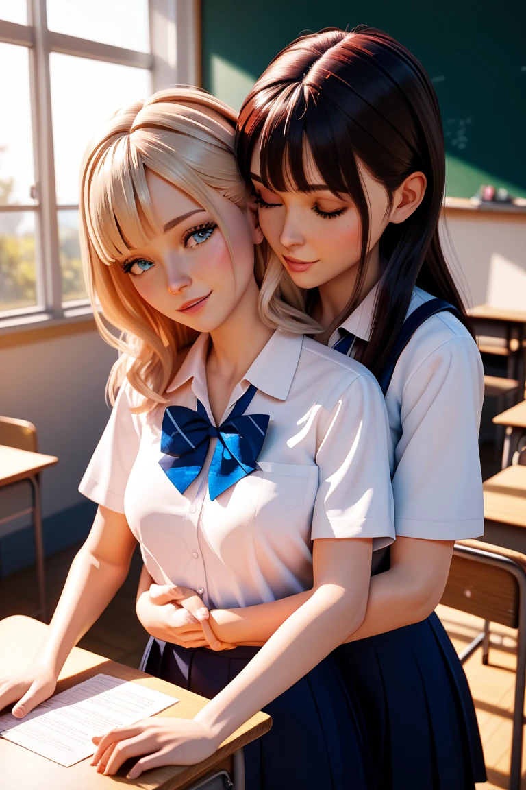 (top quality, masterpiece), (realistic lighting with shadows), huge file size, high resolution, elegant, realistic, intricately detailed, (perfect anatomy of the human body), two busty girls kissing , ((miraculous super big breasts)), they are age girls, ((beautiful bright blue eyes with shining highlights)), attractive small thin lips are lustrous even without lipstick Brilliant, brunette hair and blonde hair dancing in the wind, braid half-up and ponytail hair with bangs shining in the backlight, they are both wearing the same high school summer clothes, and they are wearing neat blouses. and its color is white. , Wearing a crimson ribbon tie. The blouse, which is too tight due to her huge boobs, is supported by all the strong buttons. , The skirt is a tartan check pleated mini, ((the girl's chest is not exposed at all)), but you can clearly see that she has extremely large breasts, and she is very beautiful and looks like a school goddess. Dear, A photo of two people in close contact from the front, (One with a lovely smile like a flower blooming), (One with her eyes closed and her tongue sticking out), (Two busty girls kissing)