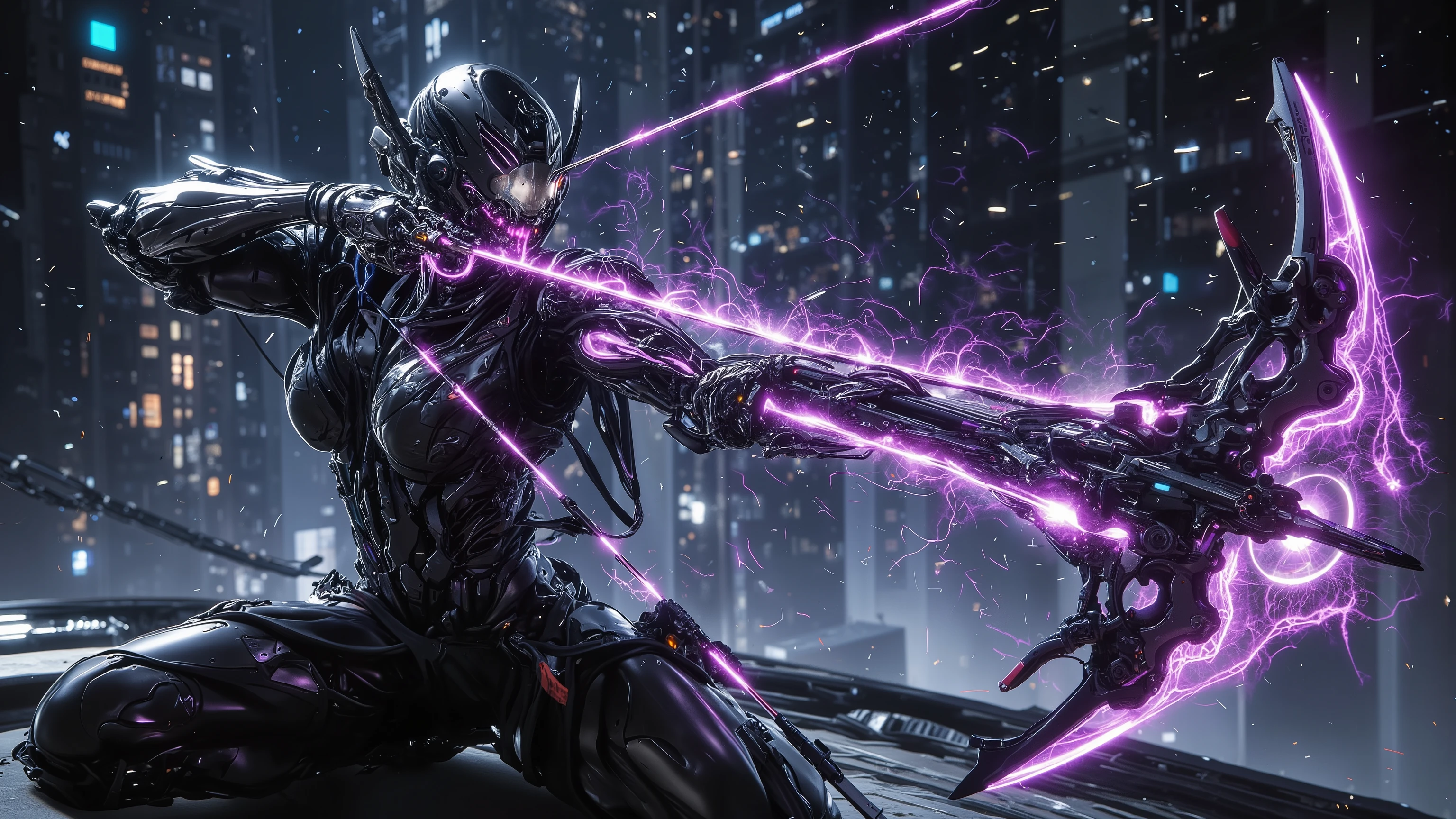 Ultra-realistic, cinematic 4K, full-body view from head to toe of a cyberpunk warrior embodying Sagittarius, a dynamic and fast-moving cyber-archer. His exosuit is designed for agility, glowing with purple neon streaks resembling constellations. He draws back a glowing futuristic advanced plasma bow, releasing an electrified arrow. His AI-enhanced visor calculates trajectory in real time. He stands on a hovering platform in a cyber-skyline, aiming at an unseen target. Photorealistic rendering, cinematic lighting, 16:9 composition.