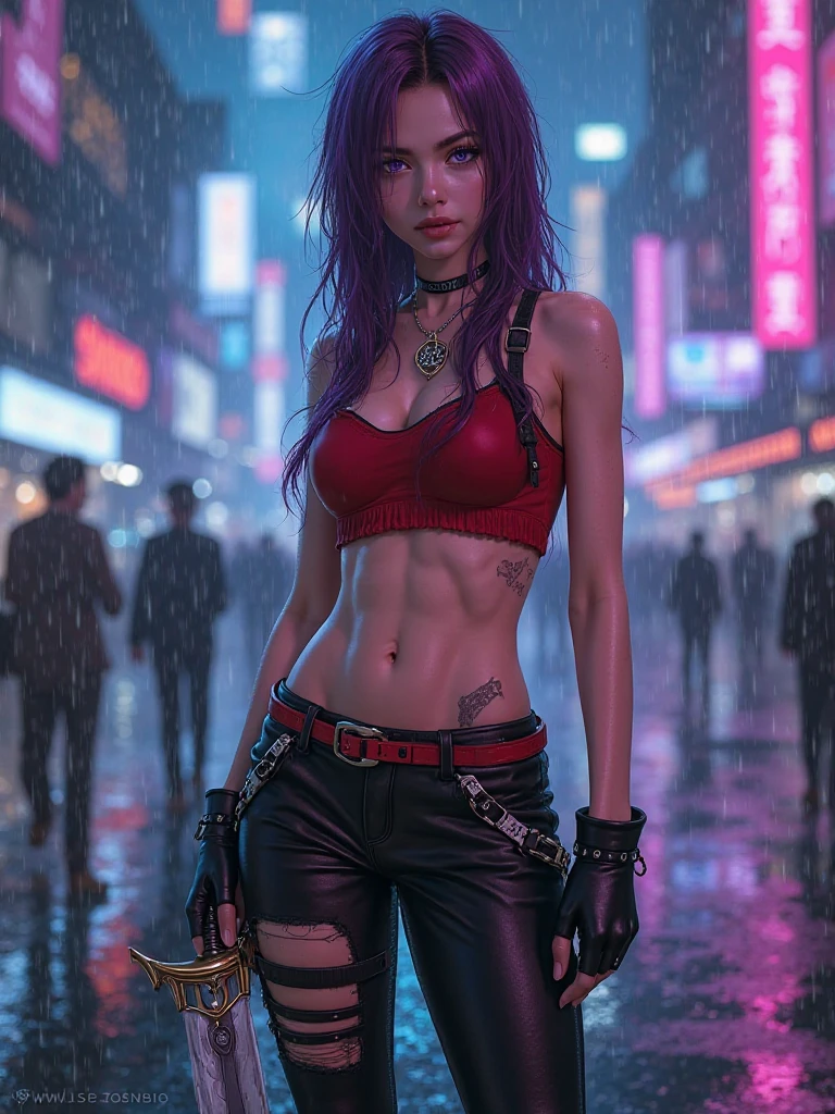 Masterpiece, realistic art, dynamic angle, slender toned build, pale skin, striking purple hair, shiny detailed eyes, tight black leather outfit with numerous straps and buckles ,cropped top that exposes her midriff , pair of short shorts with garter belts attaching to thigh-high stockings,rainy street, asphalt, white back light, night ,wet, underboobs ,gun, gangster 