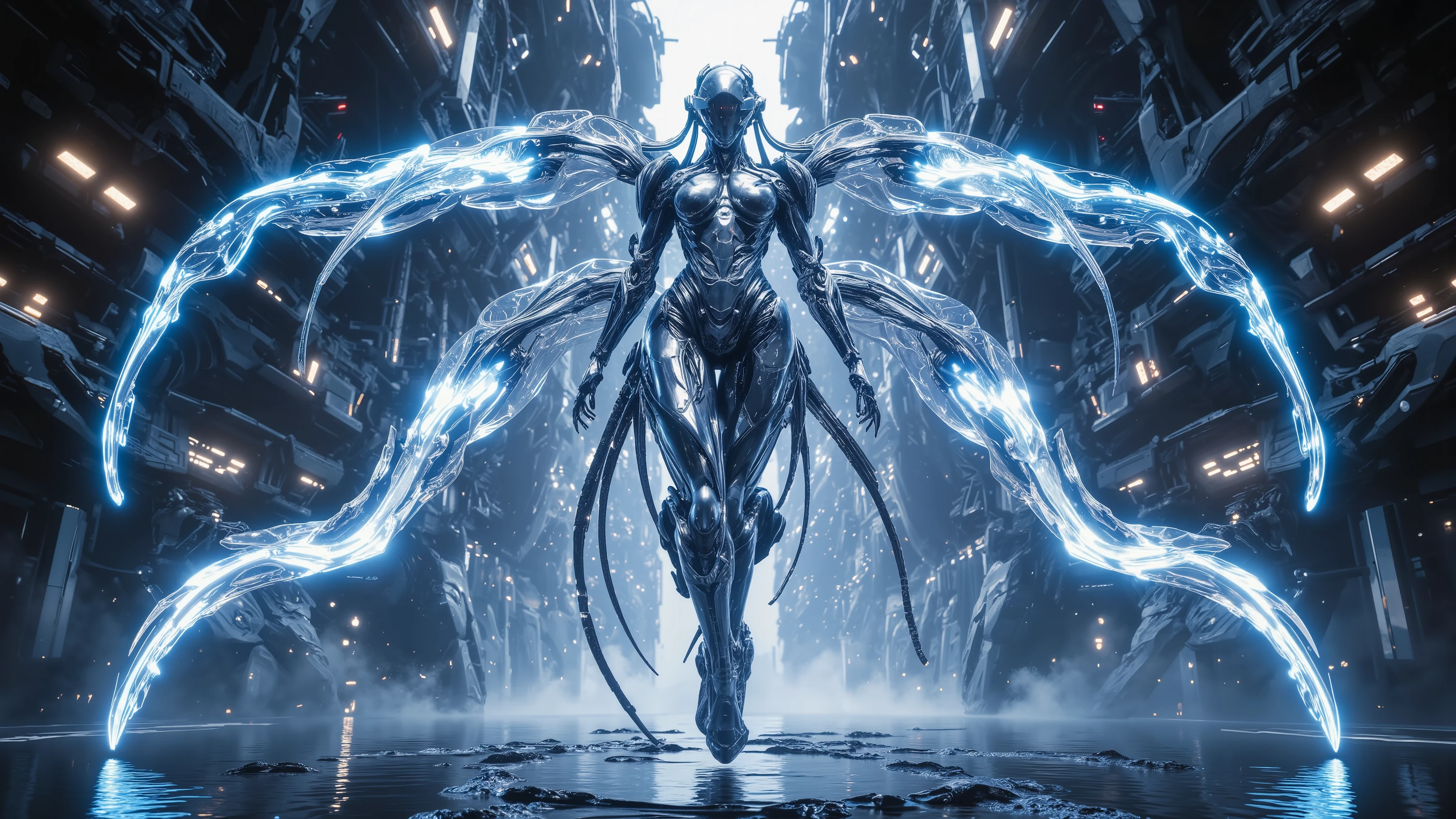 Ultra-realistic, cinematic 4K, full-body view from head to toe of a cyberpunk warrior embodying Aquarius, a futuristic oracle with an AI-enhanced neural interface. She wears a sleek, translucent bodysuit laced with flowing neon-blue energy streams. Her cybernetic arms release streams of liquid light, shaping digital constructs in the air. She floats in a high-tech water temple, surrounded by glowing holographic waterfalls. Photorealistic rendering, cinematic lighting, anatomically correct