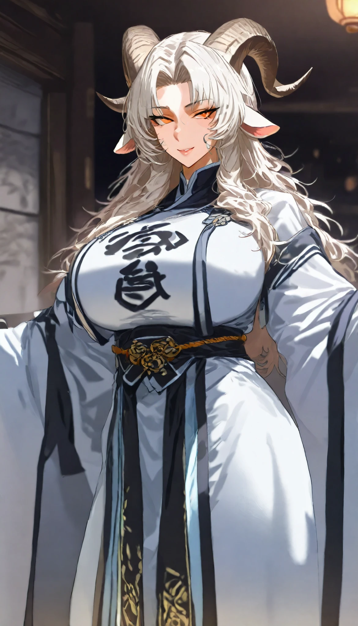 A Goat Female, Mature flavor, Goat Ears, Perfect body, Oppai,A pair of Goat horns(brown), (White long hair, curtained hair, messy hair),orange eyes, Wearing A White Taoist Robe, Open pose, seductive smile, In A Chinese Classic Temple, UHD, SOLO, anatomically correct, masterpiece, textured skin, high details, highres, 1080P, 16k, accurate,Beautiful face, Perfect face, Highly detailed beautiful face and eyes, Attractive face, Detailed face, Delicate facial features, Detailed skin,Cowboy shot