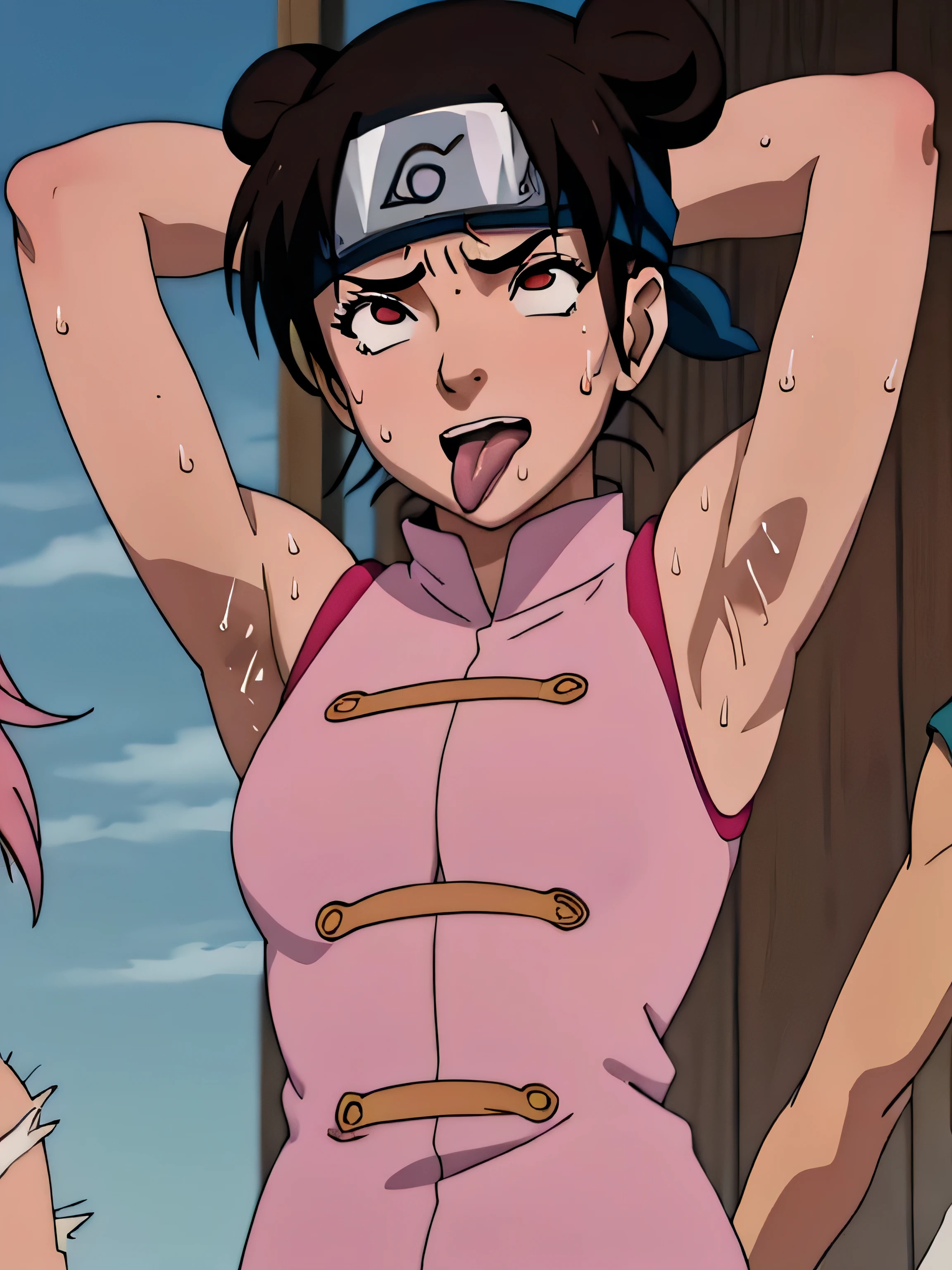 Tenten,human woman.with brown eyes and pink clothing. Her hair is long and brown in color; She is beautiful. Fair skin.Tsundere face. Pink eye shading,mature appearance,armpits,sweat,sweaty,sweaty armpits,arms up,showing armpits,awesome armpits,tongue