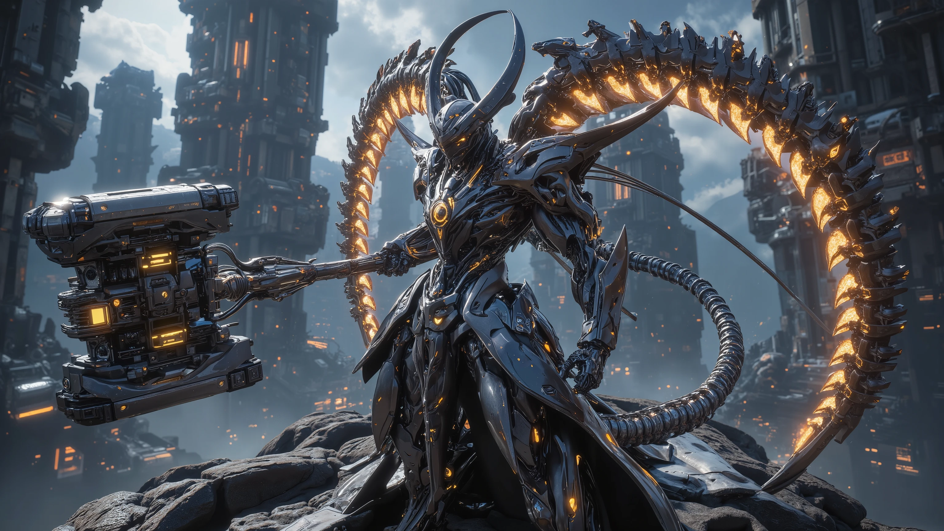 Ultra-realistic, cinematic 4K, full-body view from head to toe of a cyberpunk warrior embodying Capricorn, a battle-hardened cybernetic titan with reinforced exoskeletal plating. His glowing cybernetic horns pulse with raw energy, and his suit is embedded with stone-like nanomaterial. He wields a massive hammer infused with kinetic force. He stands atop a towering cyber-mountain, overseeing the futuristic cityscape below. Photorealistic rendering, cinematic lighting, anatomically correct
