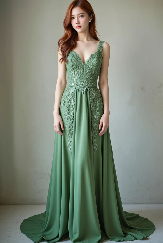 Create a realistic image of a woman resembling Scarlett Johansson in a sage green wedding dress with elegant detailing. Her blonde hair is styled in soft waves, and she is in a refined, romantically lit wedding setting.