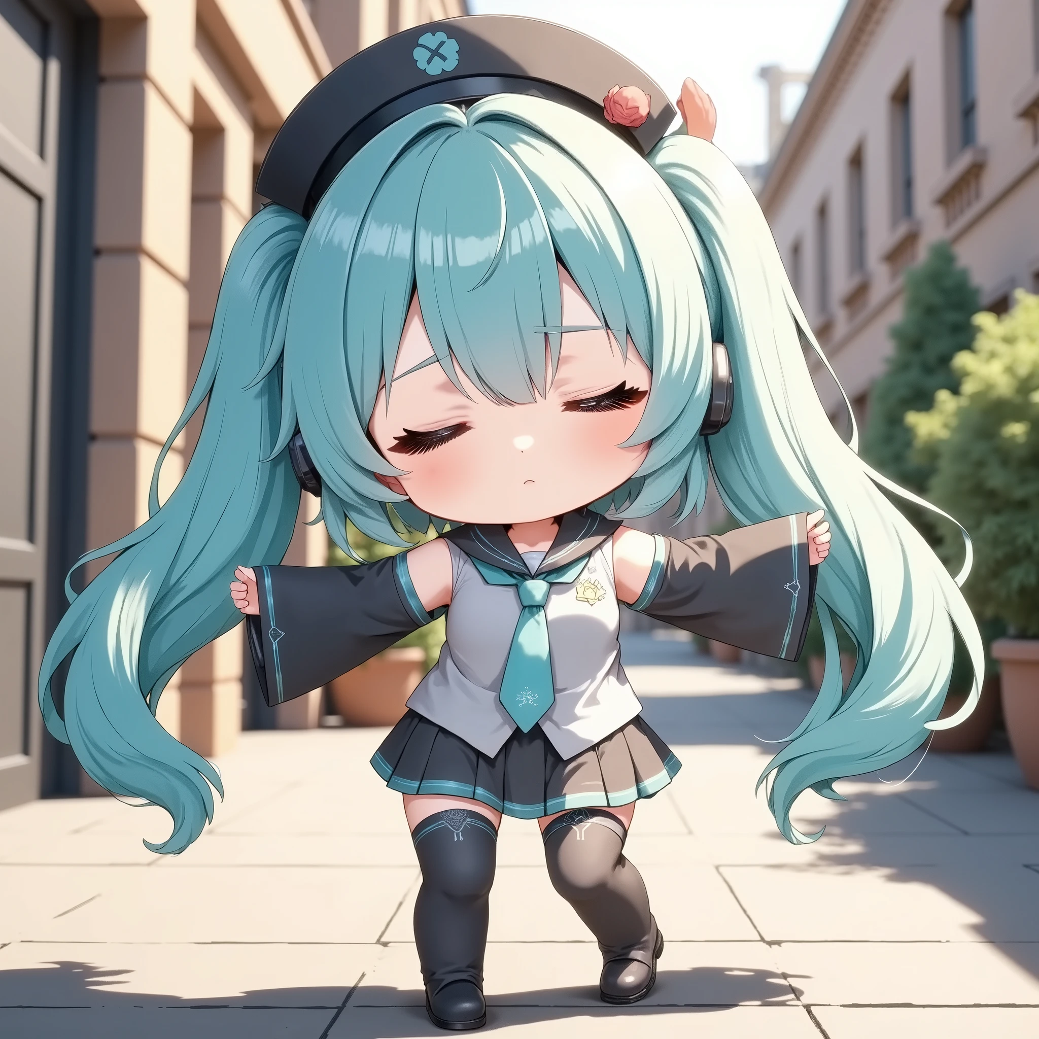 anime illustration,A sleepy chibi character, Her face looks very weak, she is wearing shirt with detached sleeves and necktie and pleated skirt and thigh boots, she has shoulder tattoo and a very long aqua twintails with hair ornament and headset, dynamically posing with arms spread wide, one foot slightly lifted, dressed in miku-cybdating cosplay costume. She is also wearing black pantyhose and black shoes. She has very long aqua twintails hair with black hat. soft natural lighting, realistic shadows, fabric flowing slightly with movement, subtle wind motion, standing in an outdoor urban setting with classical architecture, soft-focus background, ultra-detailed rendering, 8K resolution.
