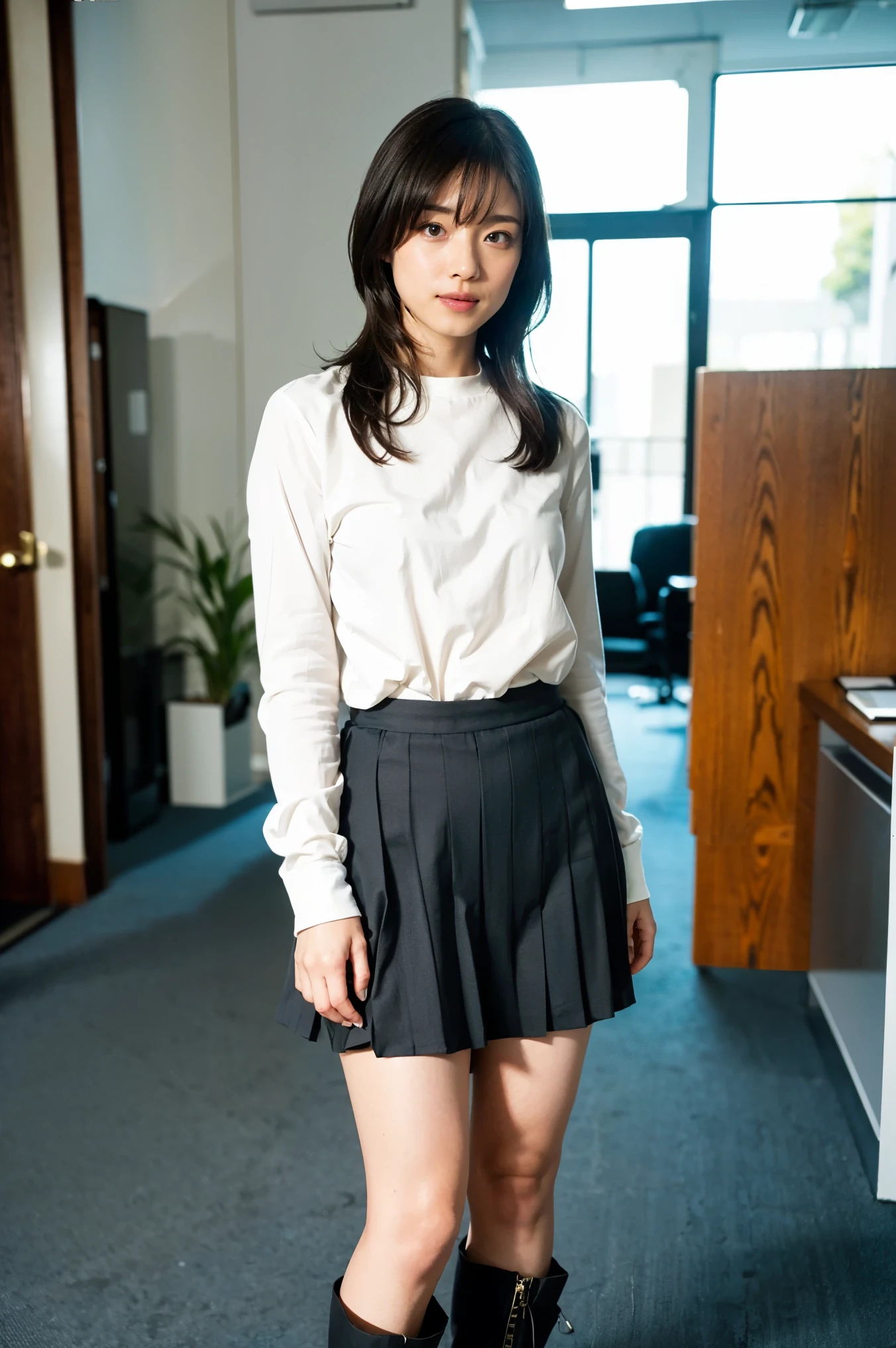1 girl:1.5, 25-year-old Japanese fashion model:1.3, slender and muscular figure:2.0, sharp eyes:1.3, thin thighs:1.6, small hips and buttocks:1.5, bright expression:1.6, whole body:1.5,
BREAK
(She is standing with her legs widely spread apart):1.3, (she lifts the hem of her skirt to show her thigh area):2.0, skirtlift,
BREAK
feminine winter clothes:1.5, pleated skirt:1.5, A finely pleated skirt that falls below the knees:1.5, pantyhose:1.9, boots:1.5,
BREAK
in office,
BREAK
masterpiece, 8K, photorealistic, best quality, ultra high res, RAW photo, matsuokamayu
