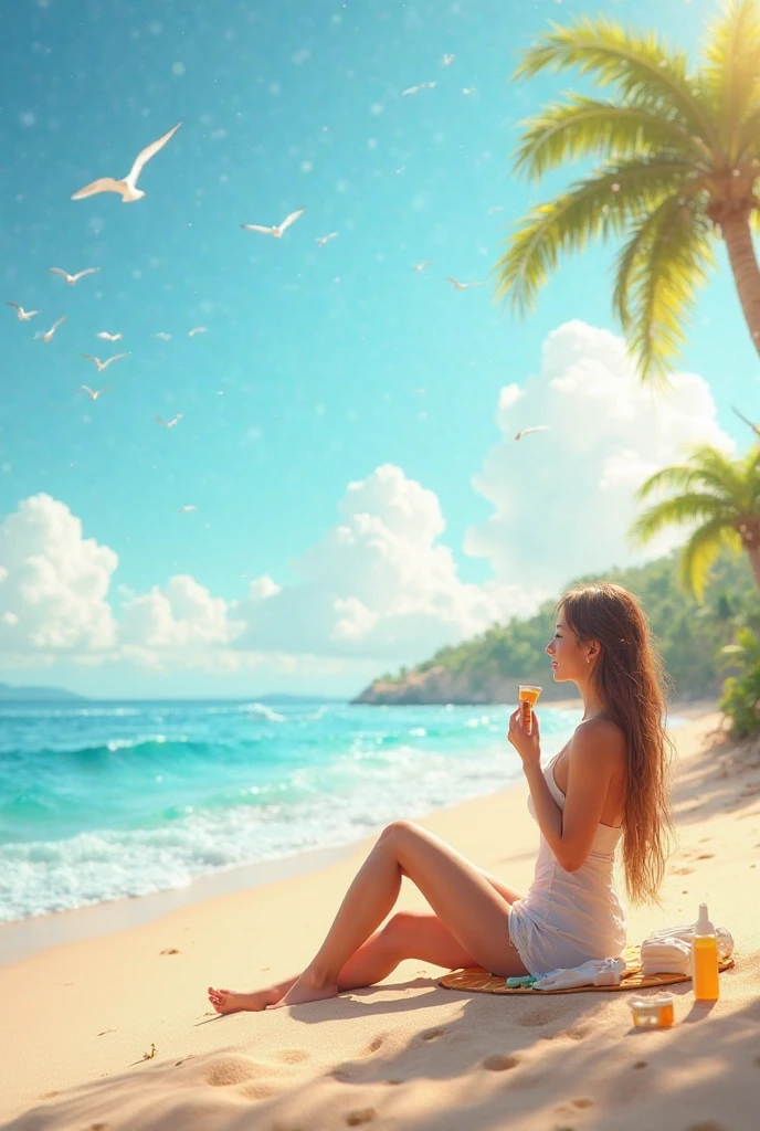 Sea sunset waves seagulls woman medium hair sitting looking at the sea towel bottle glass